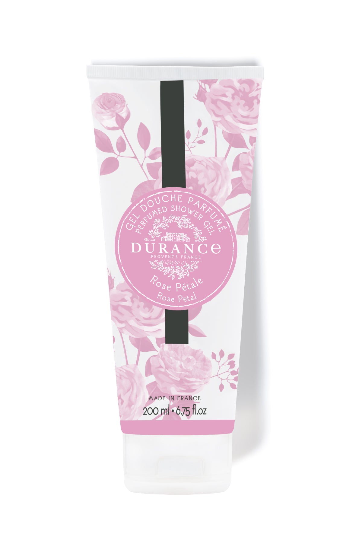 duschgel rosenbluete weisse tube mit rosen vor einem weissen hintergrund