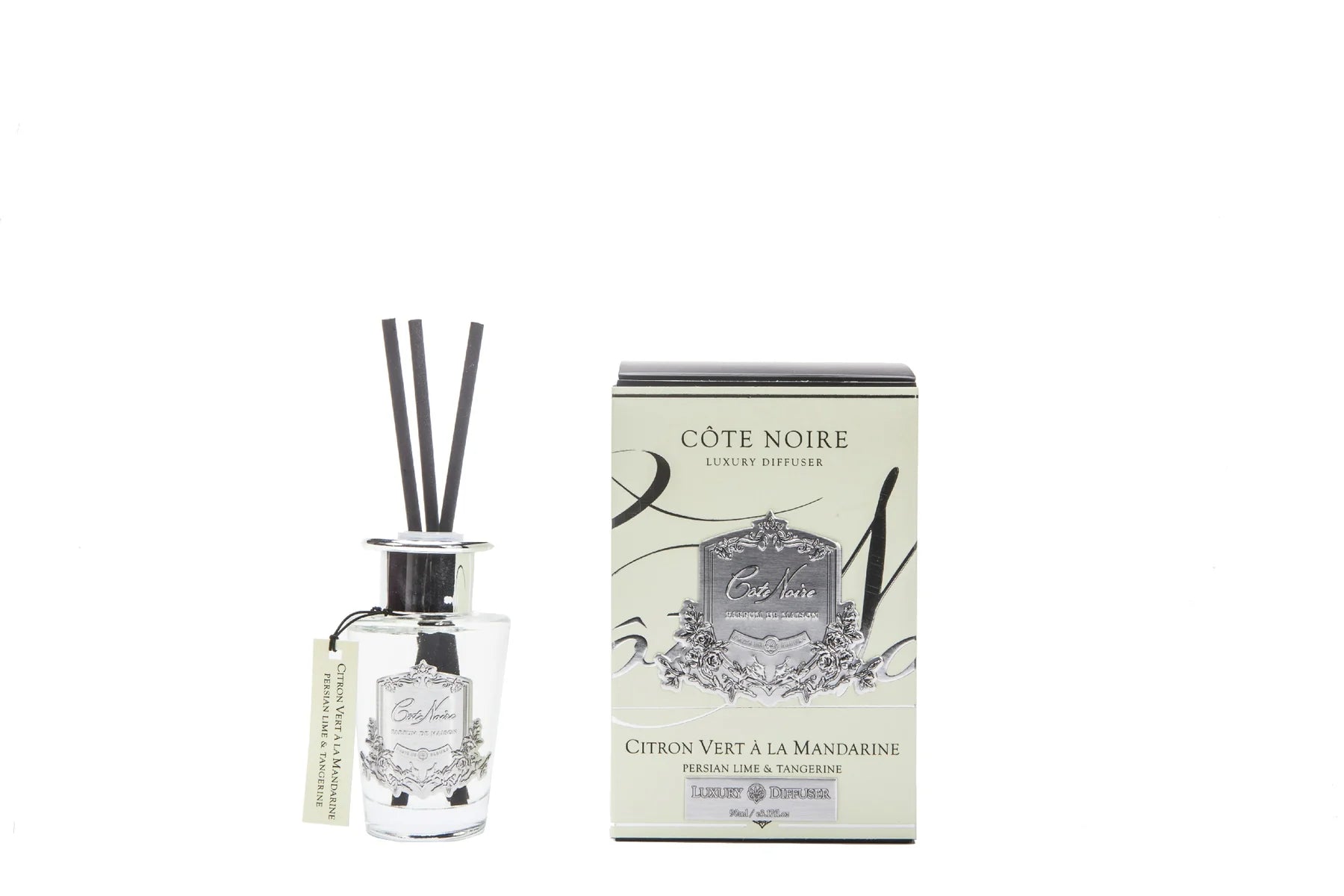 schwarze duftstaebchen im glas mit silbernem deckel und emblem. gruene verpackung. persian lime 90ml.