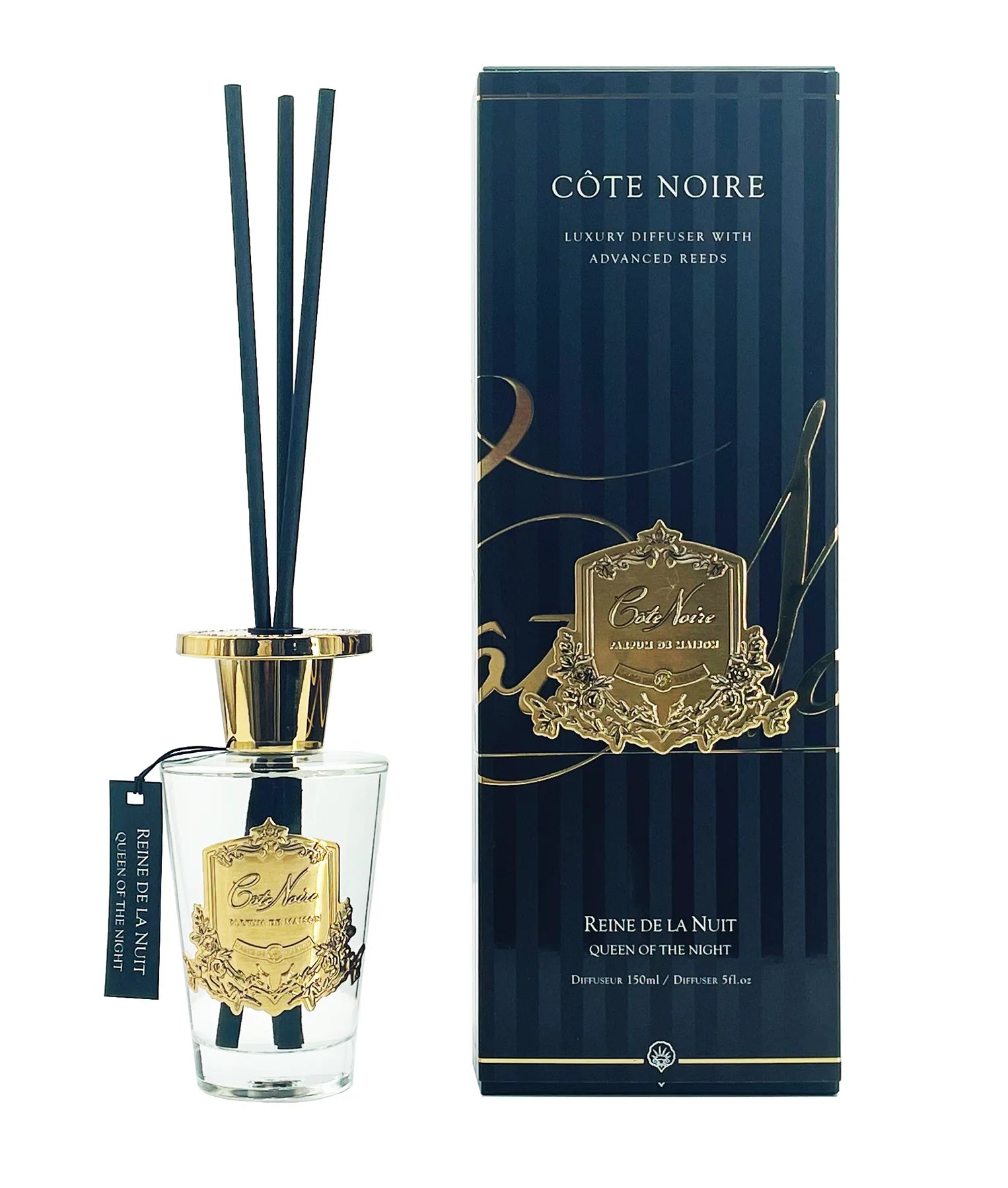 schwarze duftstaebchen im glas mit goldenem deckel und emblem. schwarze verpackung. queen of the night 150ml.