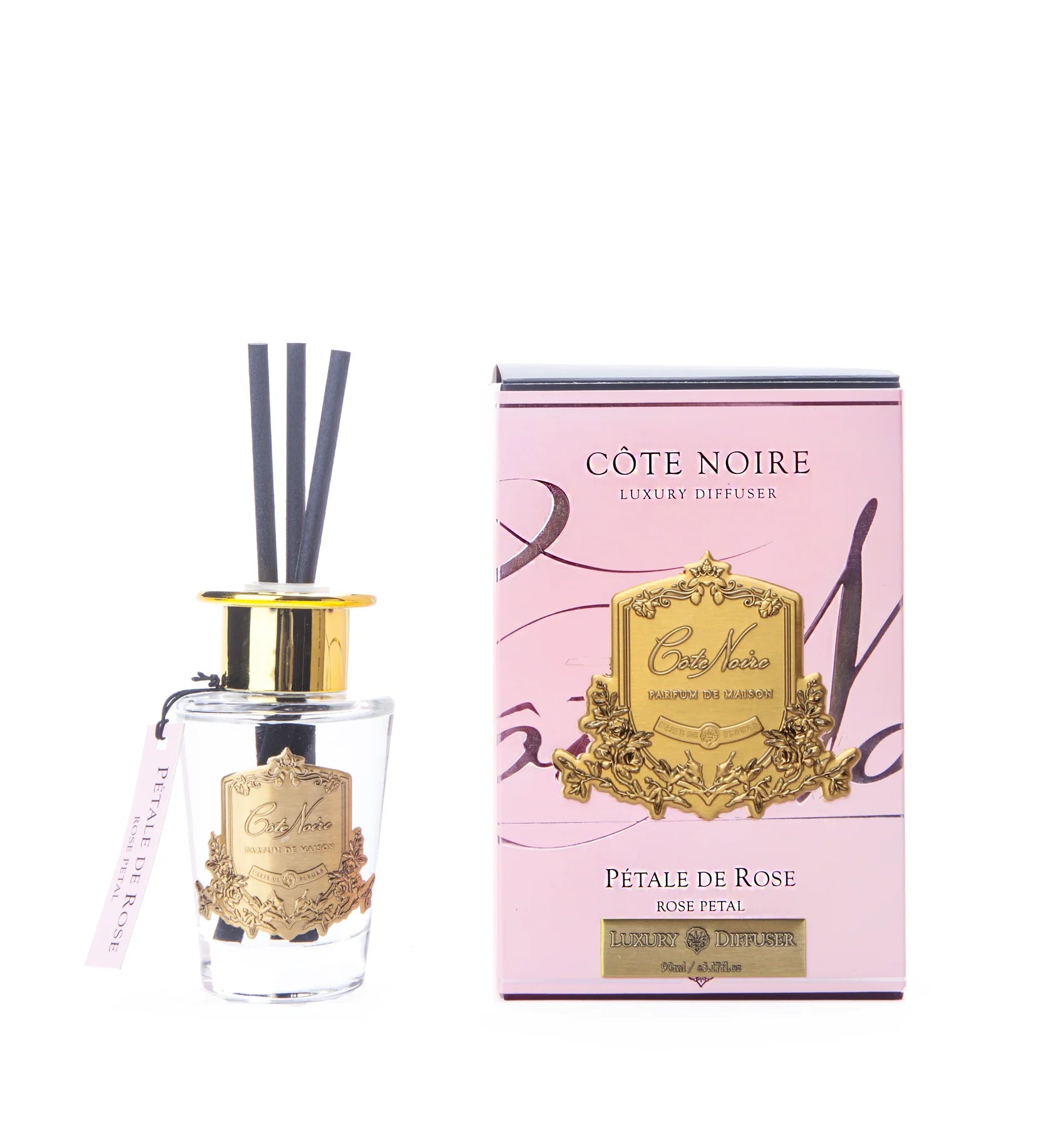 schwarze duftstaebchen im glas mit goldenem deckel und emblem. pinke verpackung. rose petal 90ml.