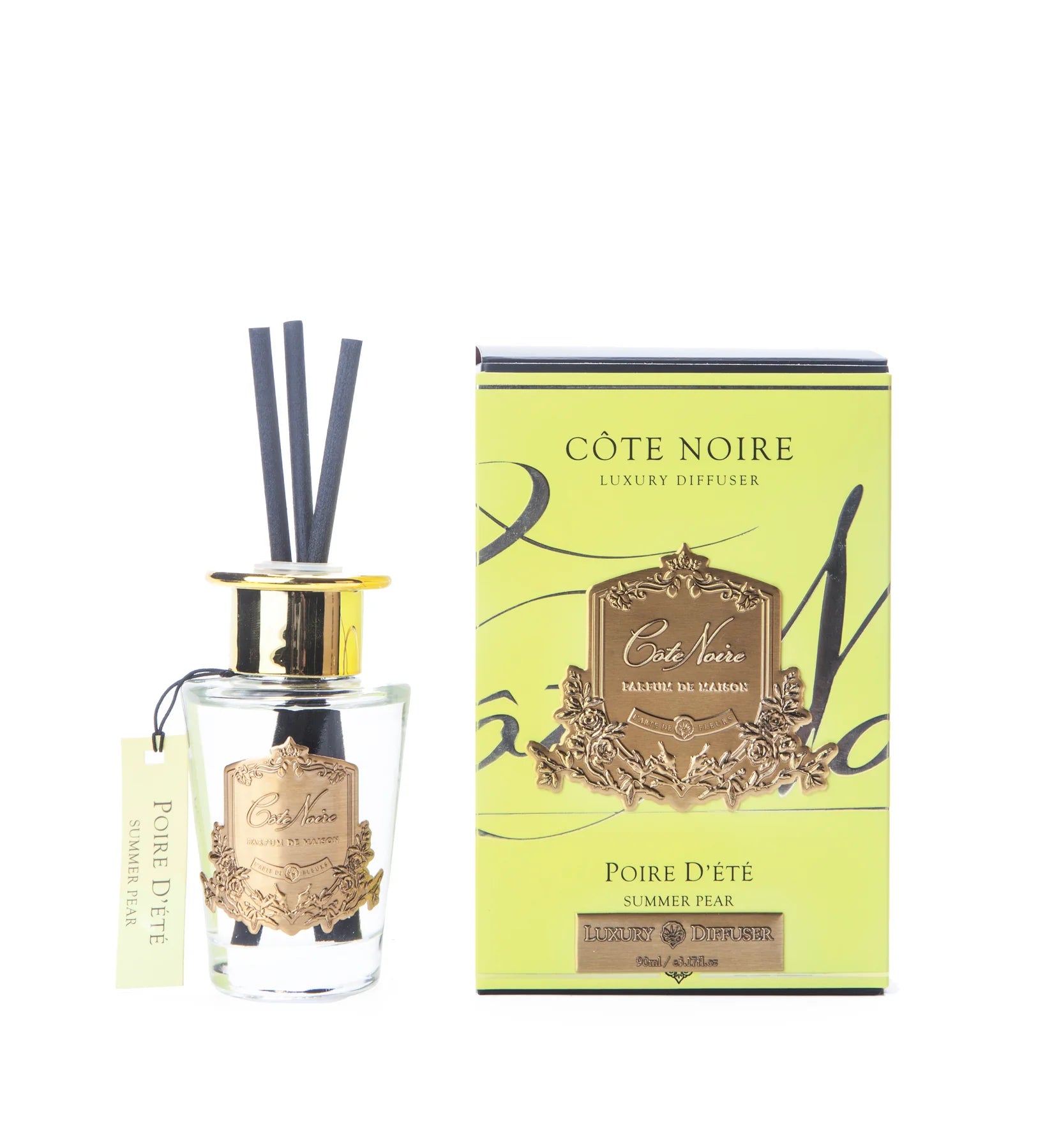 schwarze duftstaebchen im glas mit goldenem deckel und emblem. gelbe verpackung. summer pear 90ml.