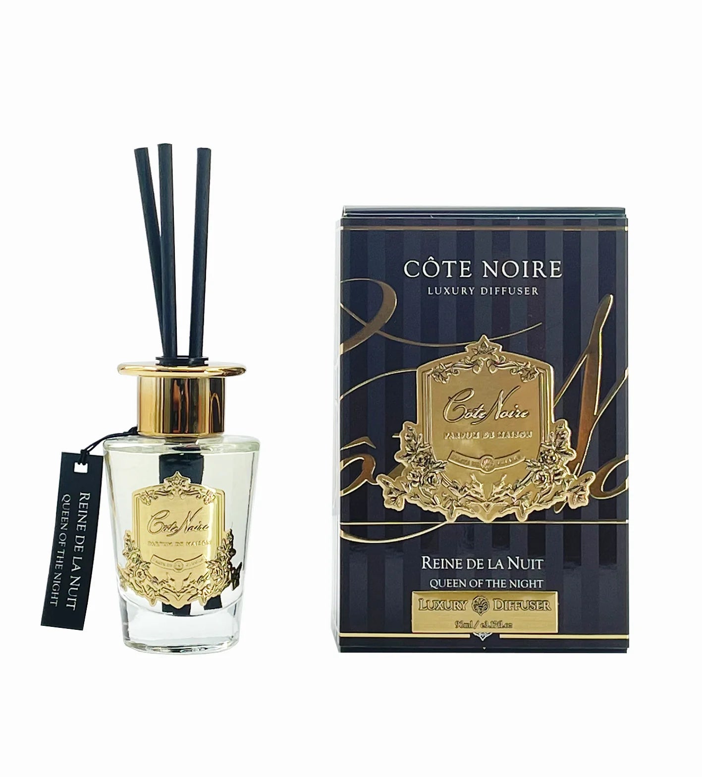 schwarze duftstaebchen im glas mit goldenem deckel und emblem. schwarze verpackung. queen of the night 90ml.