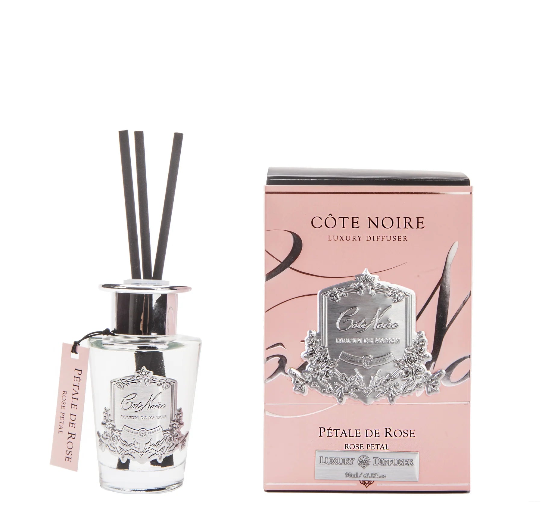 schwarze duftstaebchen im glas mit silbernem deckel und emblem. pinke verpackung. rose petal 90ml.