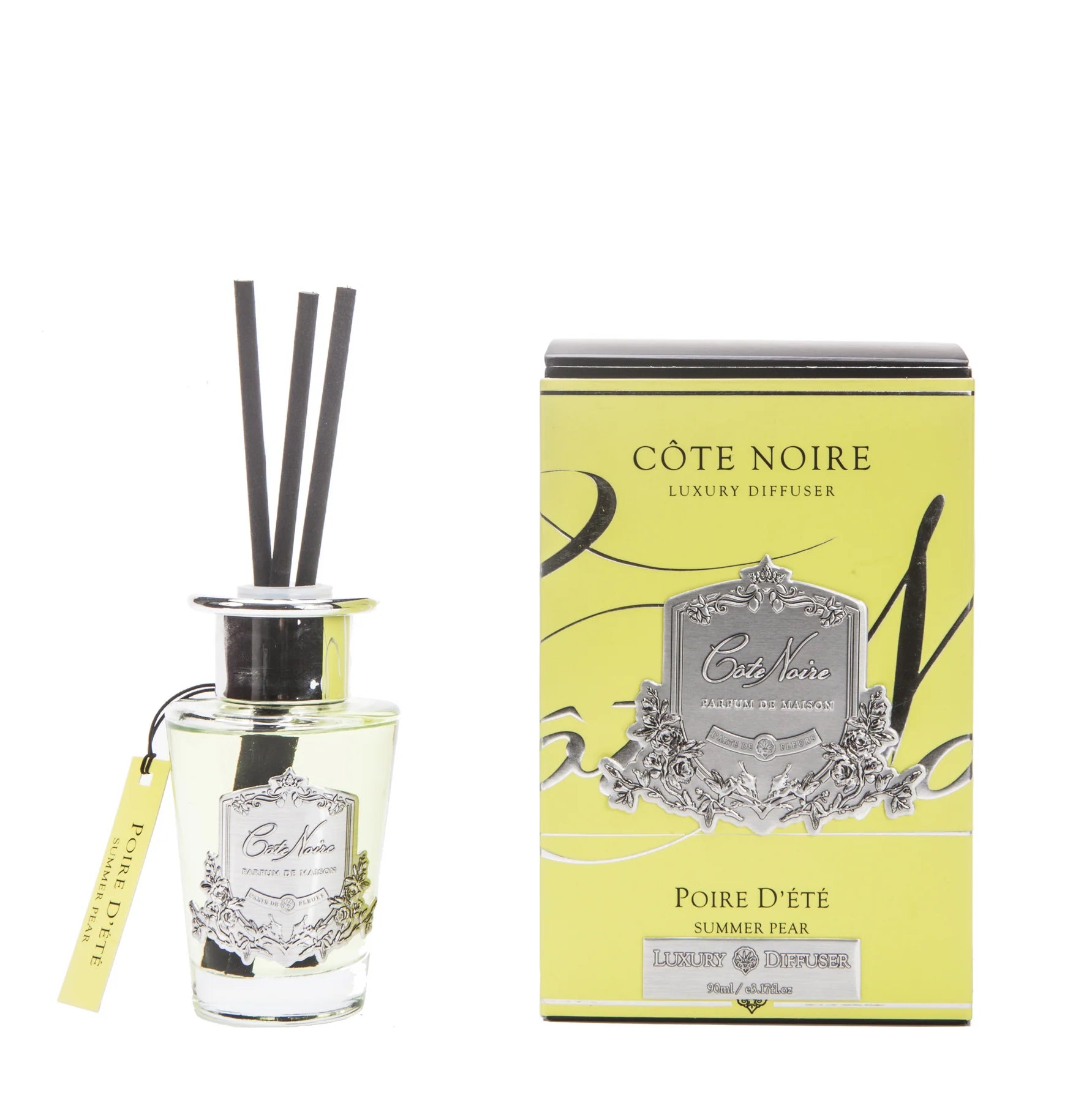 schwarze duftstaebchen im glas mit silbernem deckel und emblem. gelbe verpackung. summer pear 90ml.