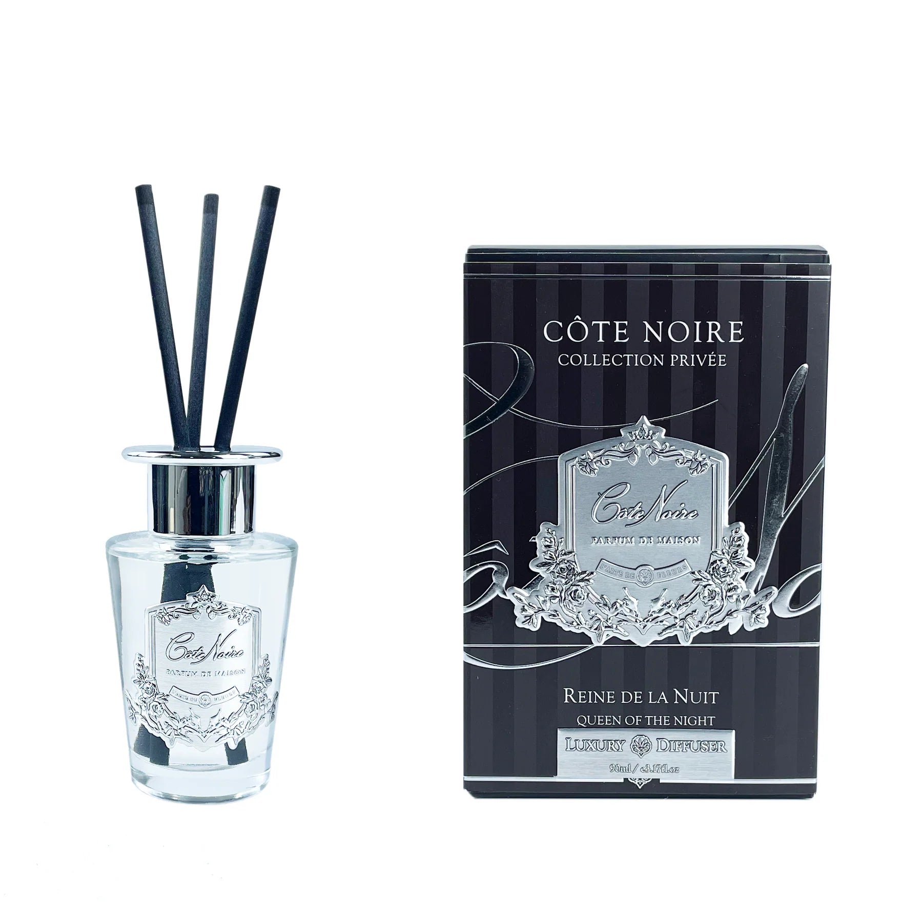 schwarze duftstaebchen im glas mit silbernem deckel und emblem. schwarze verpackung. queen of the night 90ml.