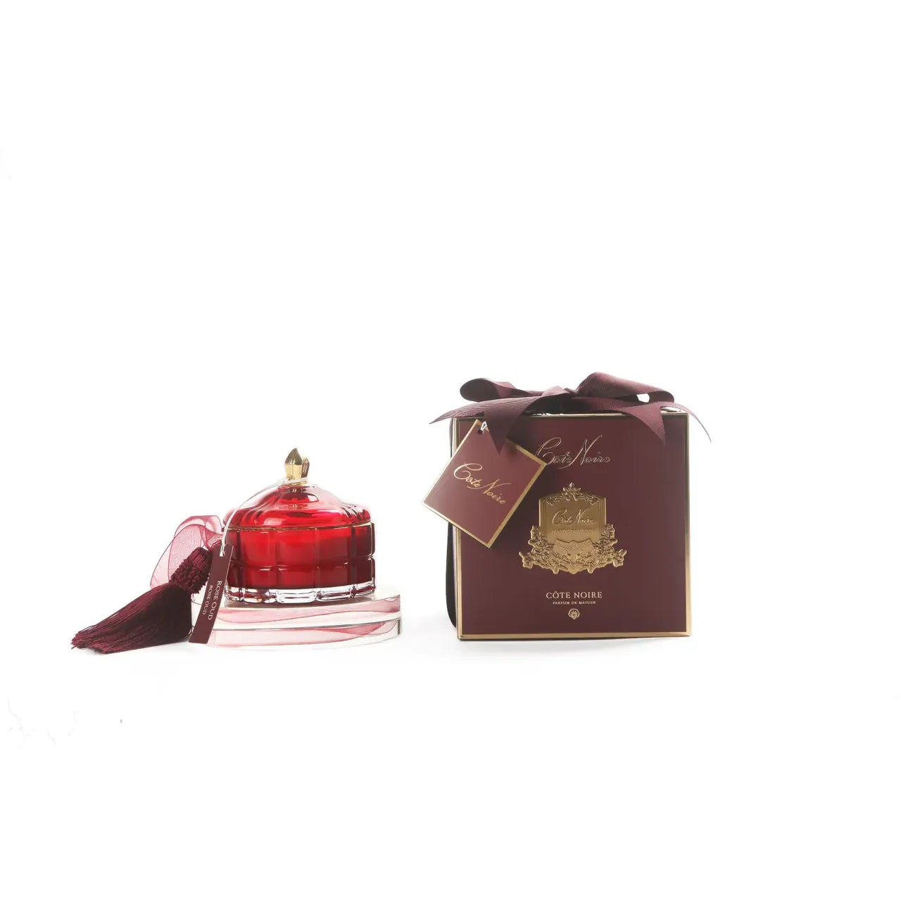 Luxuriöse rote Duftkerze im Art-Deco-Stil mit passender Geschenkbox – Côte Noire Rose Oud.