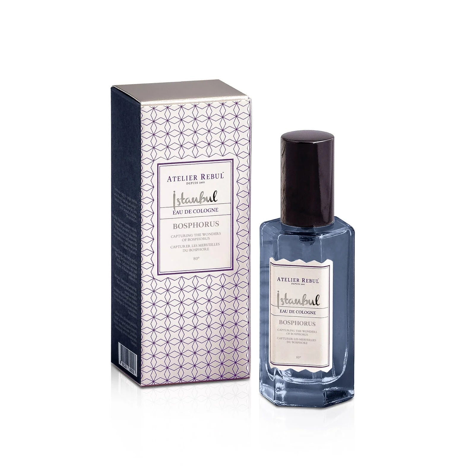 istanbul bosporus cologne in blauem flaeschchen mit schwarzer kappe. weisser hintergrund.
