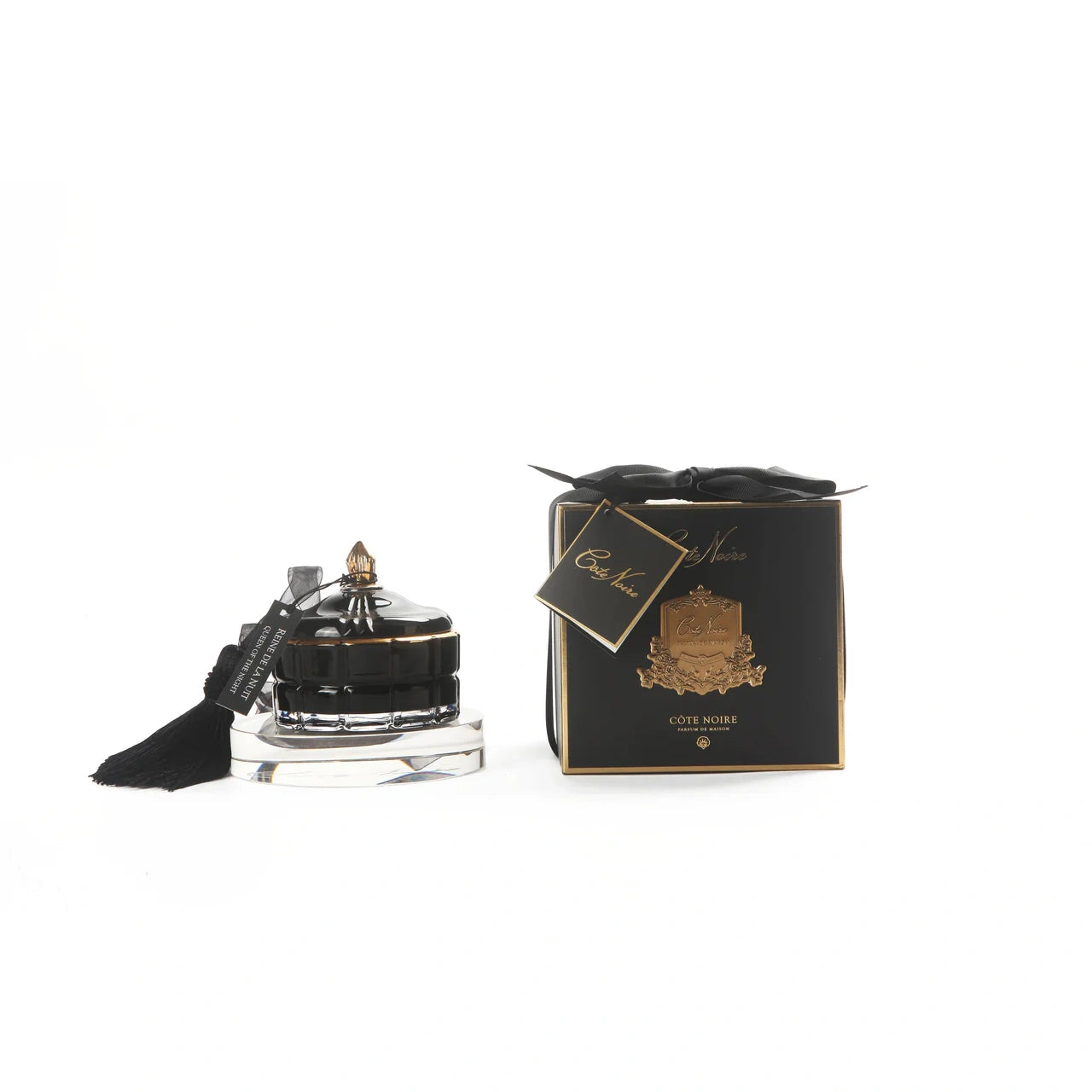 Côte Noire Duftkerze French Morning Tea mit schwarzem Glas, Quaste und hochwertiger Geschenkverpackung