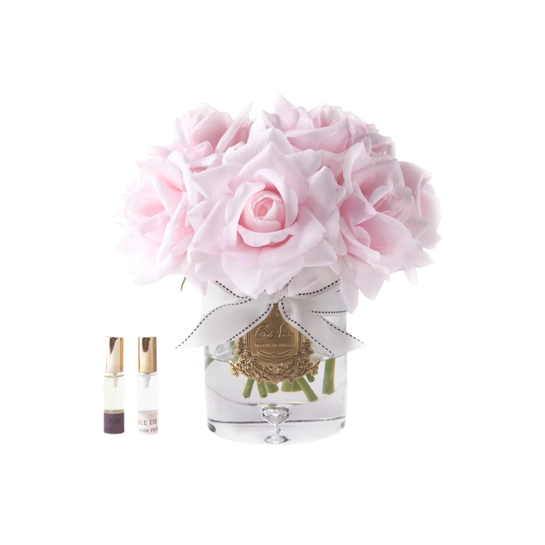 Luxuriöse Duftblume in zartem French Pink mit goldenem Emblem – ideal als Duftblumen Geschenk oder stilvolle Dekoration für das Büro.