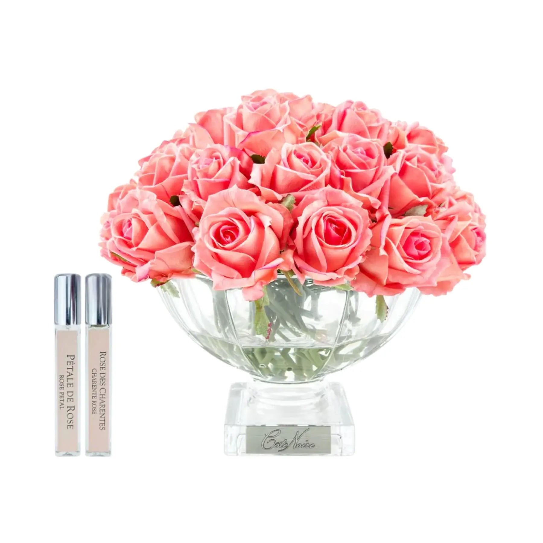 Leuchtend korallfarbene Duftrosen in eleganter Vase – luxuriöses Duftblumen Geschenk mit Parfum