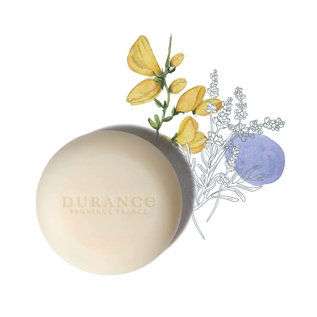 festes rundes shampoo auf weissem hintergrund mit zeichnung von lavandin und ginster.