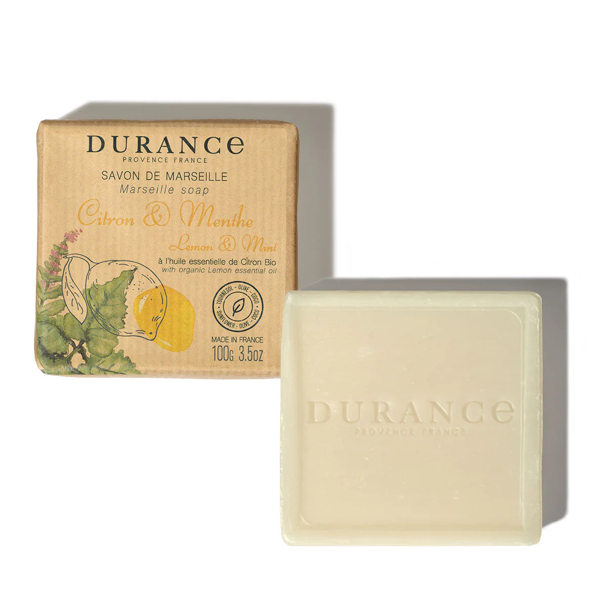 Durance Marseille-Seife Zitrone & Minze, 100 g, mit Bio-Zitronenöl und pflanzlichen Inhaltsstoffen, sanfte Reinigung und Pflege.