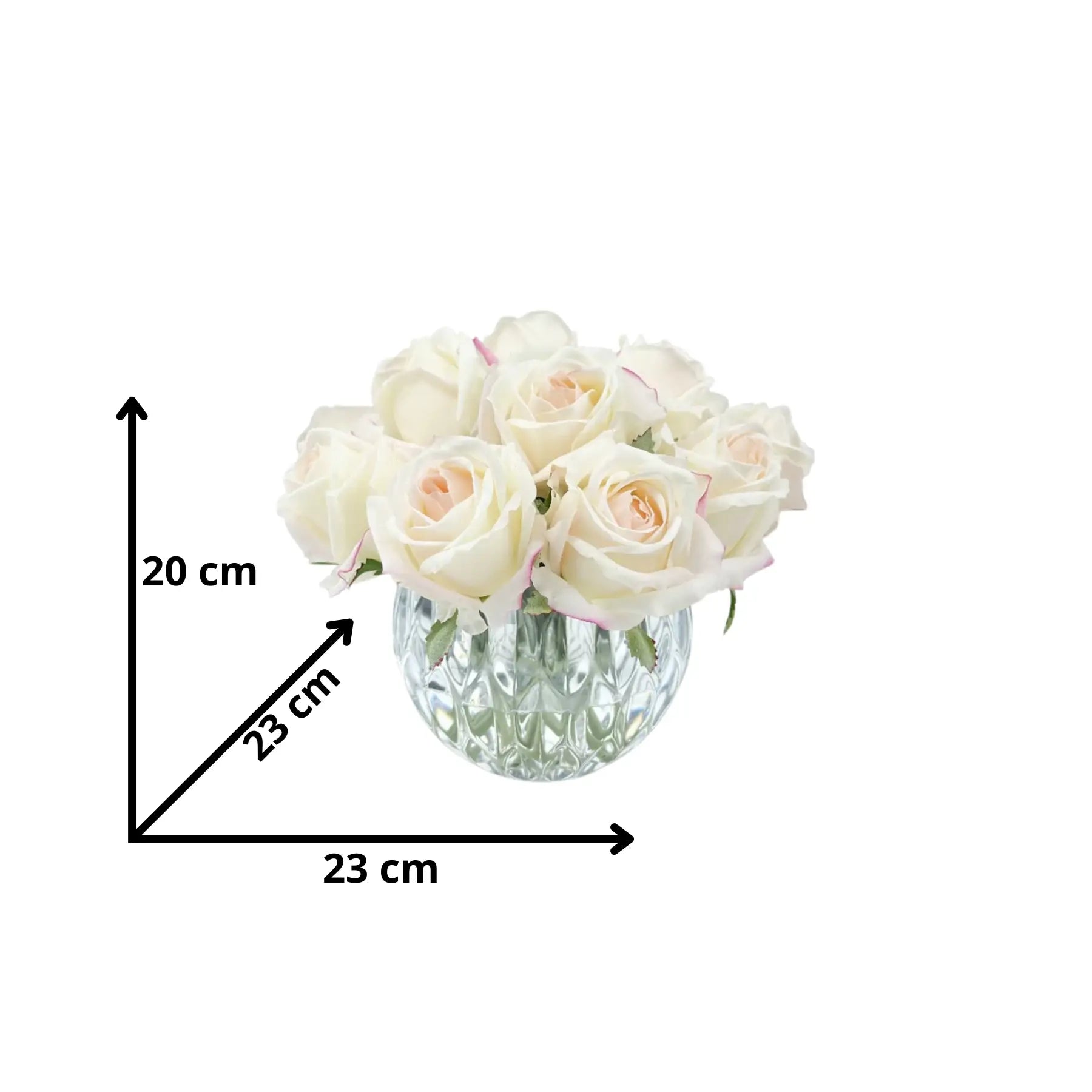 Blushfarbene Duftrosen in runder Glasvase mit Maßangaben: 23 cm breit, 20 cm hoch – stilvolle Kunstblume für Zuhause oder als Geschenk