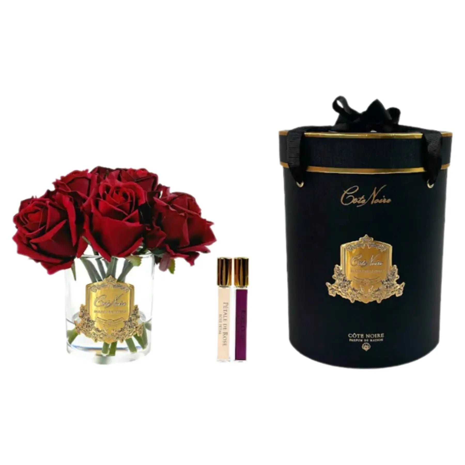 Carmine Red Duftblume mit edlen Rosen im Glas, zwei Parfum-Sprays und runder Geschenkbox – luxuriöses Geschenkset für stilvolle Räume