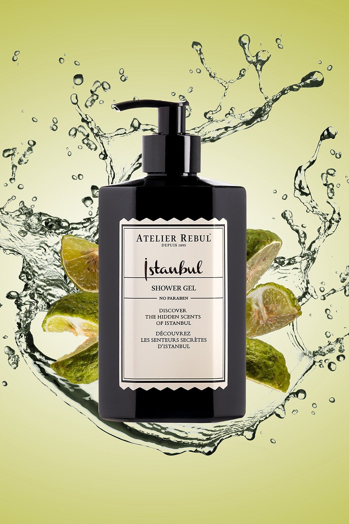 istanbul duschgel 430ml in schwarzer pumpflasche vor gruenem hintergrund mit bergamotte im wasser