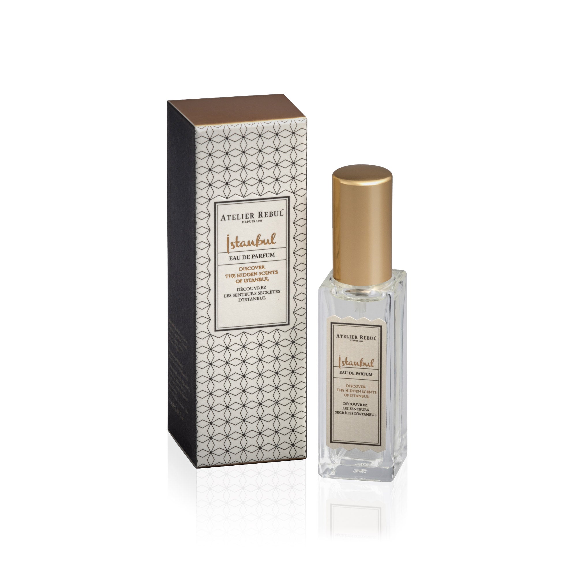 istanbul parfum 12ml glasflasche neben der grau weiß gemusterten verpackung.