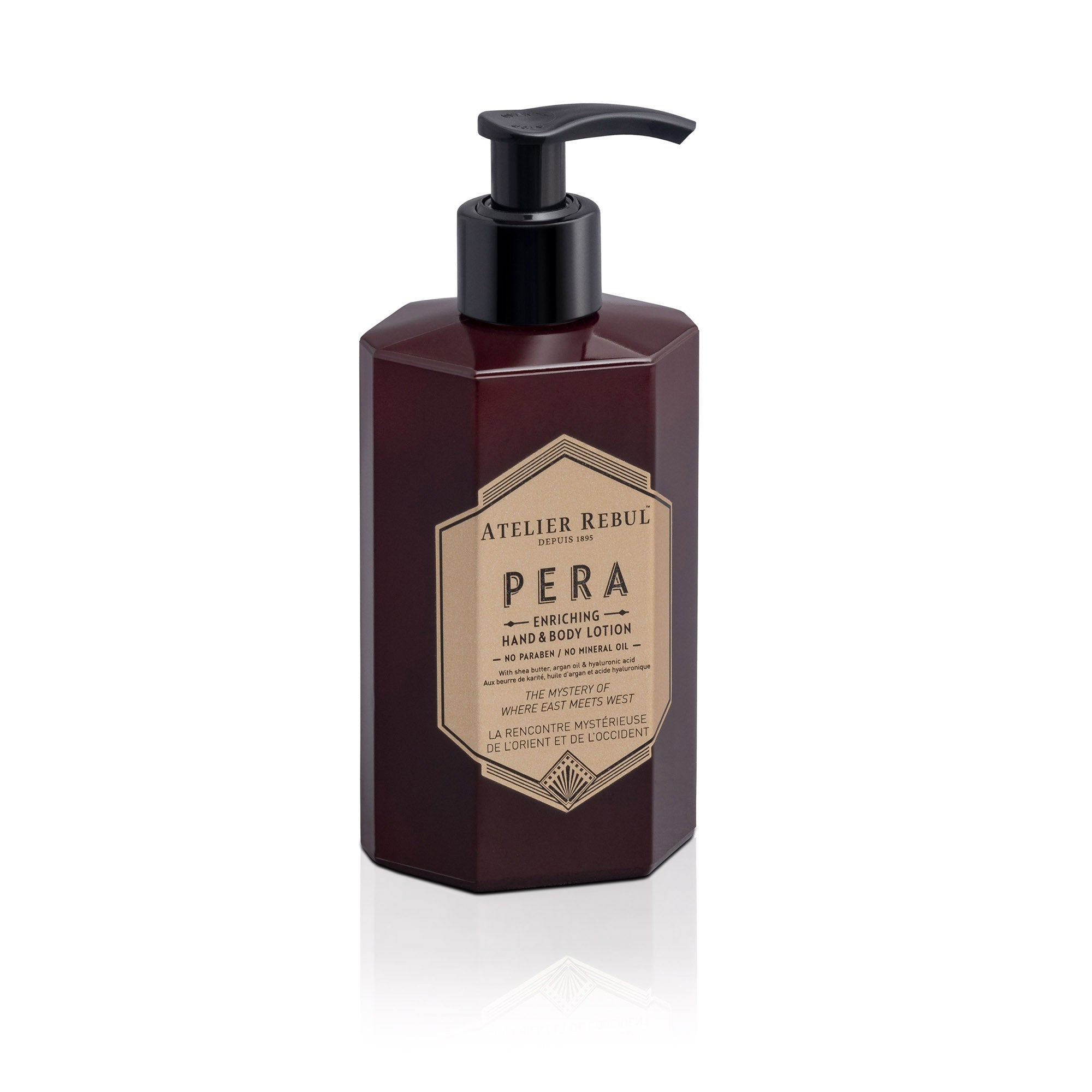 vor weissem hintergrund steht die 8 eckige braune pumpflasche von pera hand- und koerperlotion