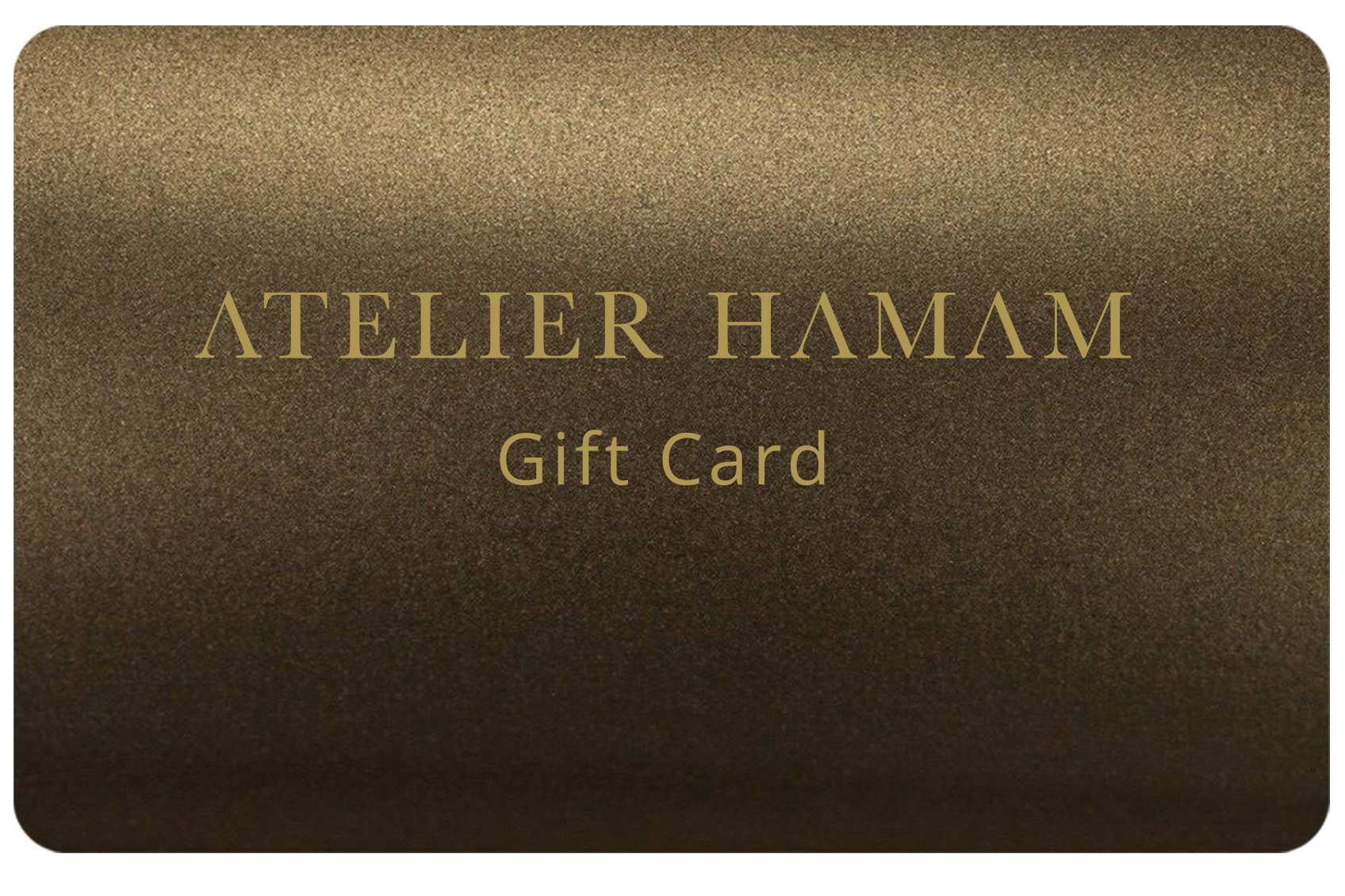 bronze schimmernde gift card mit goldener atelier hamam aufschrift.
