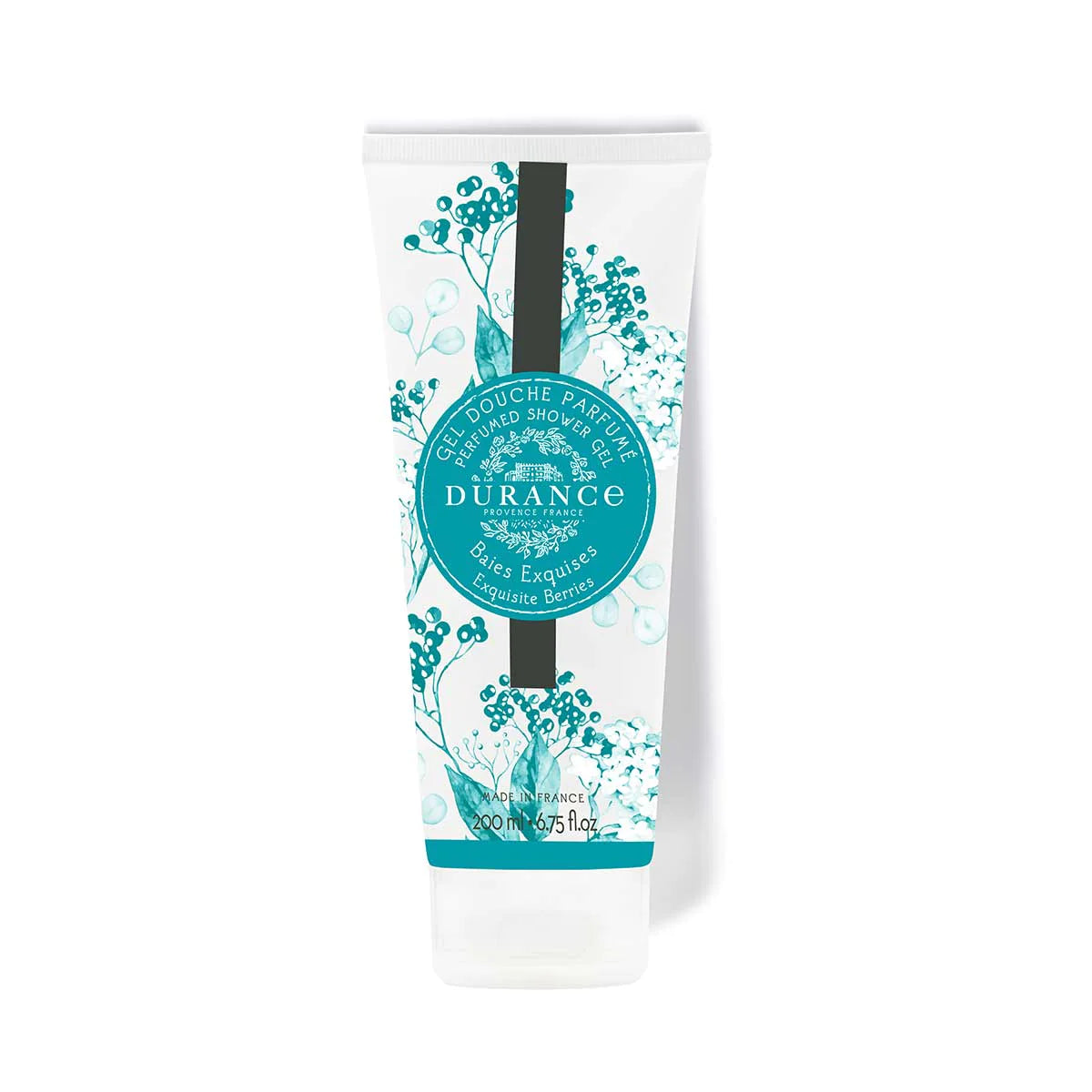 duschgel patchouli weisse tube mit tuerkisenen graesern und schraubverschluss vor einem weissen hintergrund