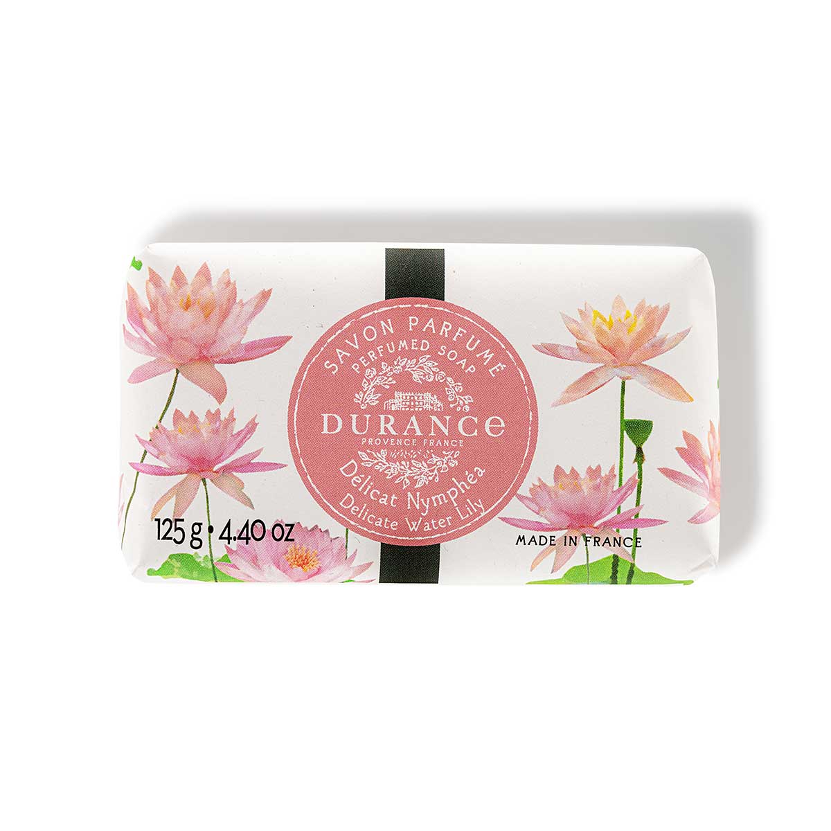 exclusives blumenpapier eingepackte seife duft zarte seerose hintergrund weiss