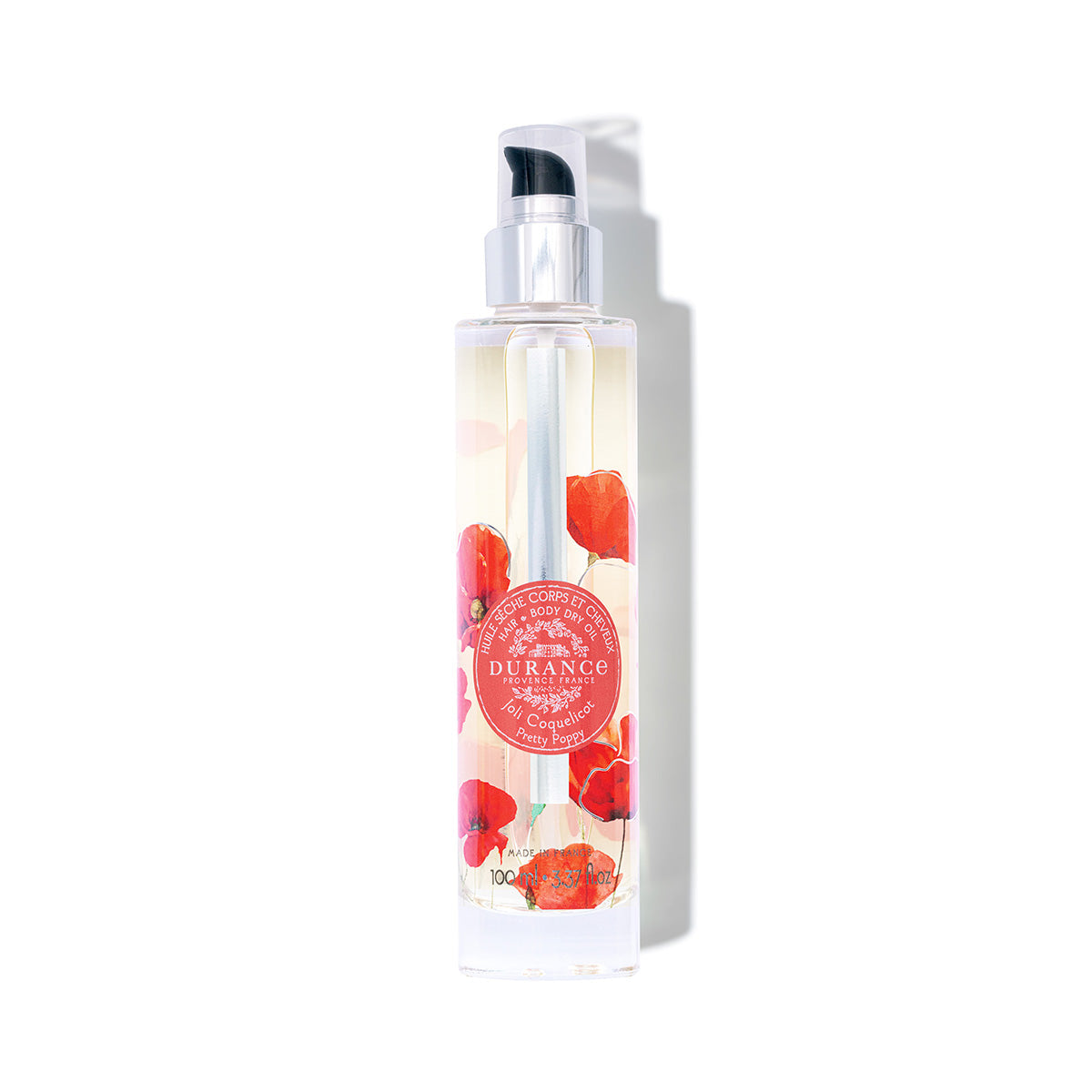 grosse runde pumpflasche durchsichtig mit mohnblumen verziert duft mohnblume trockenoel