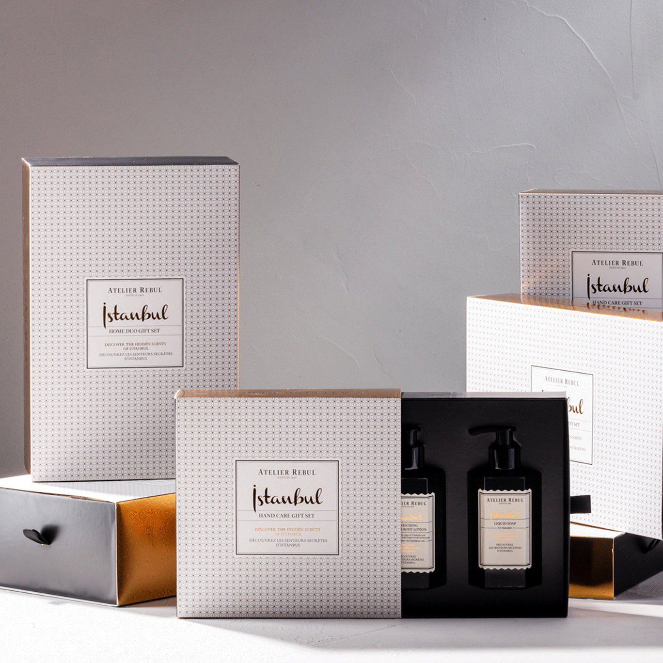 unterschiedliche istanbul geschenksets. mittig halbgeoeffnete packung des hand care gift sets.