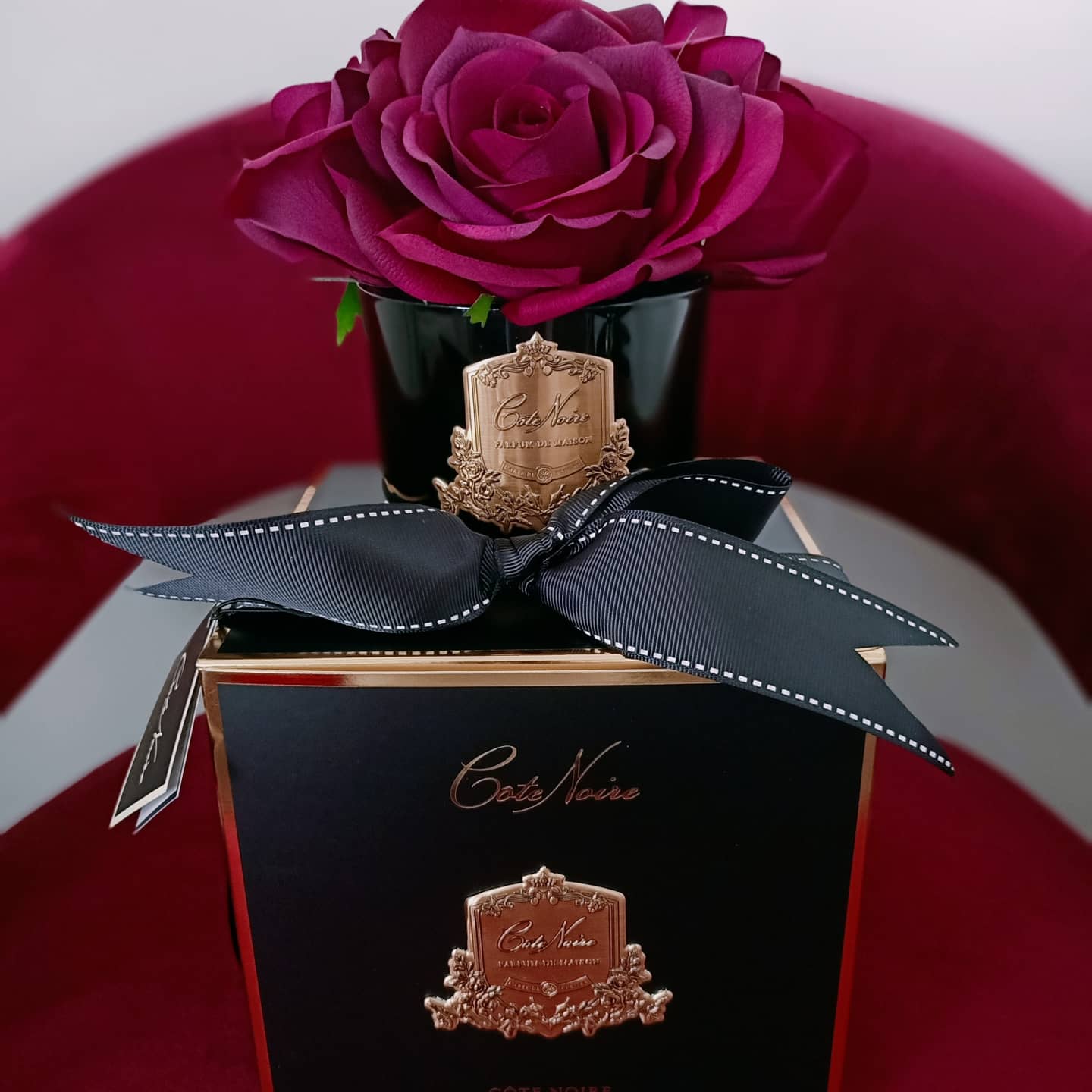 karminrote duftblume auf der schwarzen geschenkbox mit schleife.