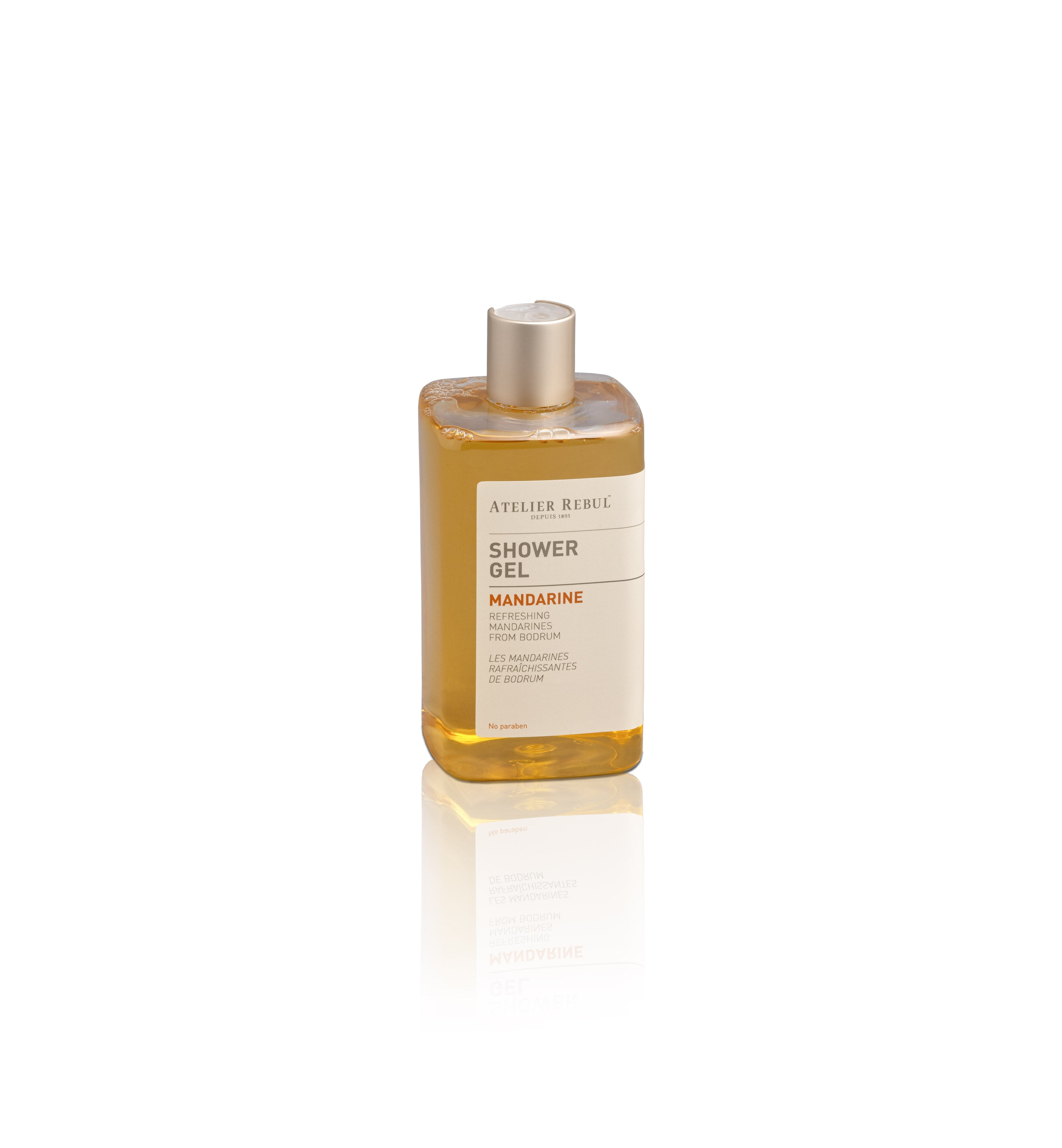 Atelier Rebul Mandarine Shower Gel 250 ml, elegante Flasche mit goldener Flüssigkeit und weißem Etikett auf weißem Hintergrund.