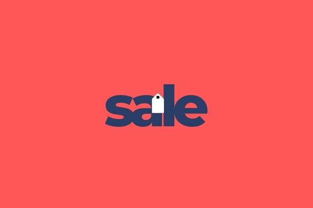 Schlichtes Sale-Logo mit schwarzem Schriftzug „sale“ und weißem Preisschild als Teil des Buchstabens „l“ auf rotem Hintergrund.