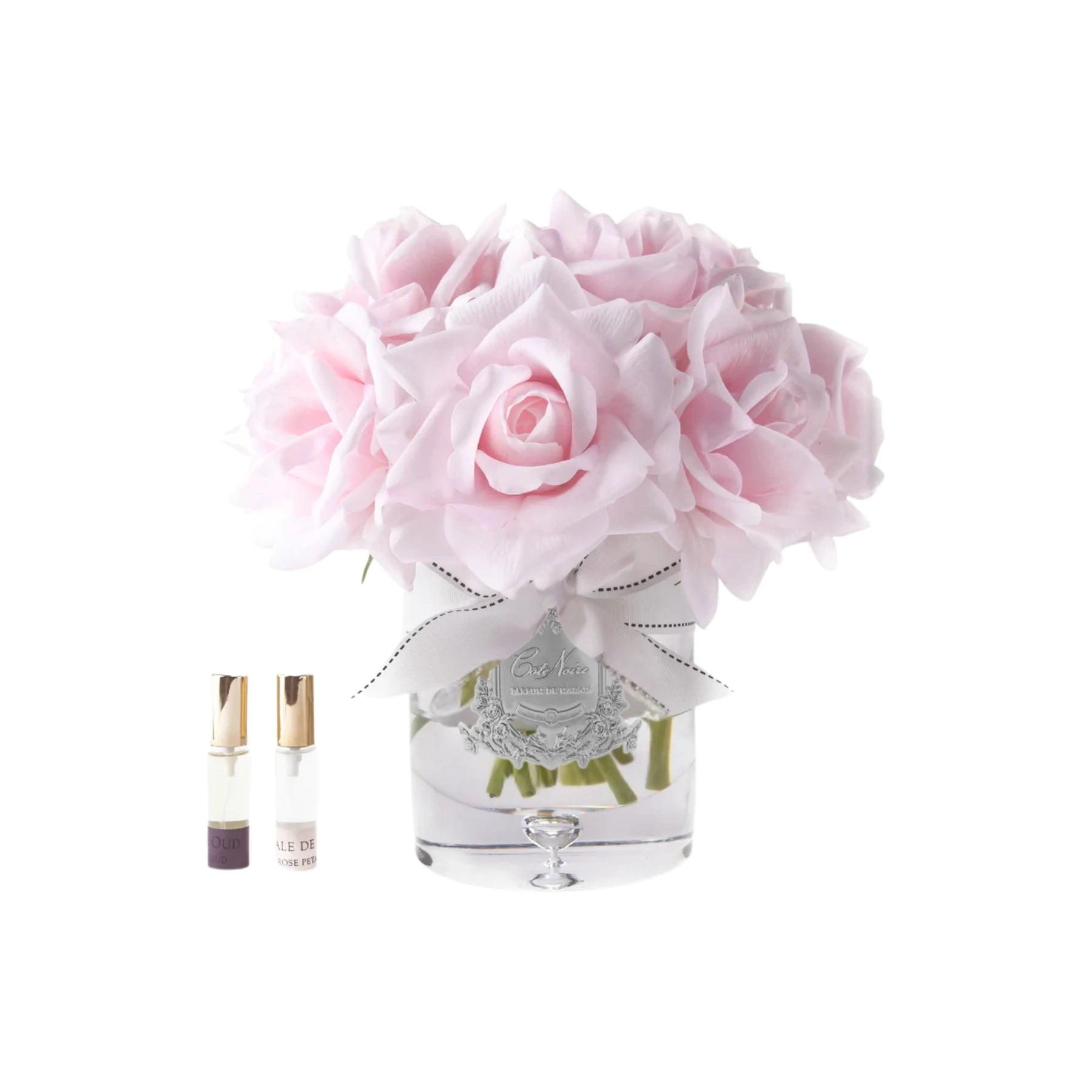 Zarte French Pink Duftblume im silberverzierten Glas – edle künstliche Duftblume mit Parfum für stilvolle Dekoration im Schlafzimmer oder Wohnzimmer.