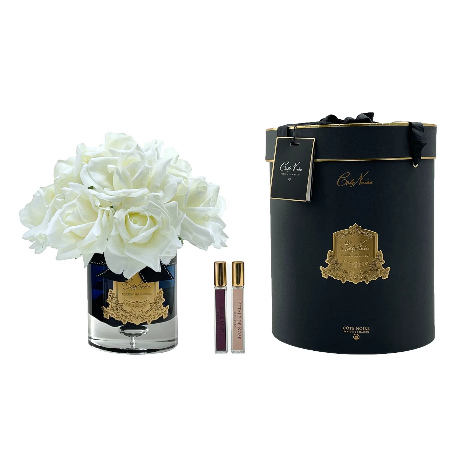 Duftende Duftblume in edler Geschenkbox – luxuriöse künstliche Duftblume von Côte Noire mit weißem Rosenbouquet und Parfum, perfekt als Duftblumen Geschenk für Wohnzimmer oder Schlafzimmer.
