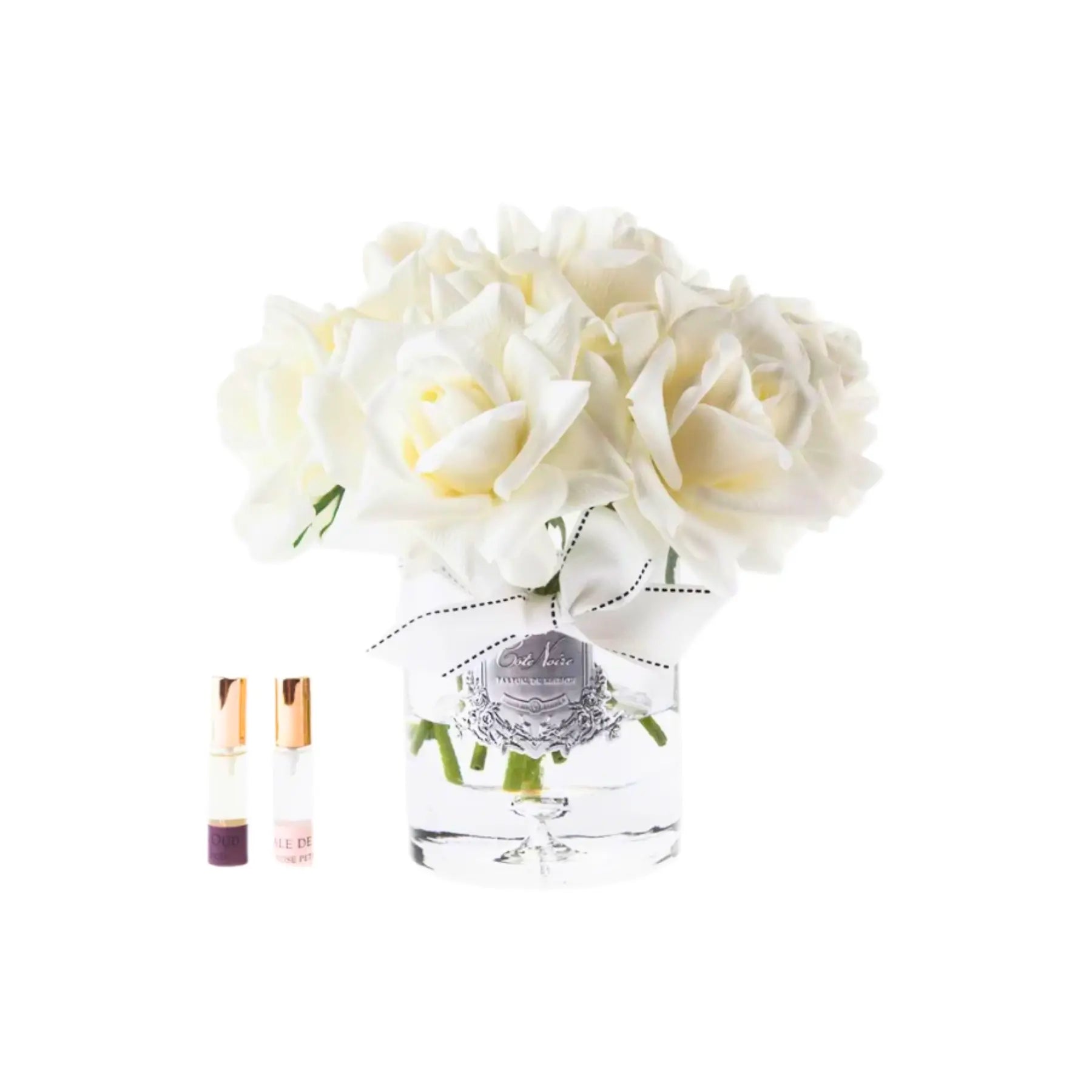 Elegante künstliche Duftblume in Weiß mit silbernem Logo – Côte Noire Grand Bouquet Ivory White, perfekt als Dekoration für Wohnzimmer oder Schlafzimmer.