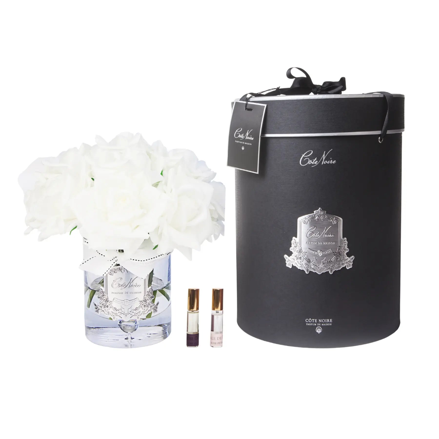 Luxuriöses Geschenkset mit weißen Duftrosen im Glas und schwarzer Geschenkbox – Côte Noire Grand Bouquet Ivory White, ideal für besondere Anlässe wie Hochzeit oder Muttertag.