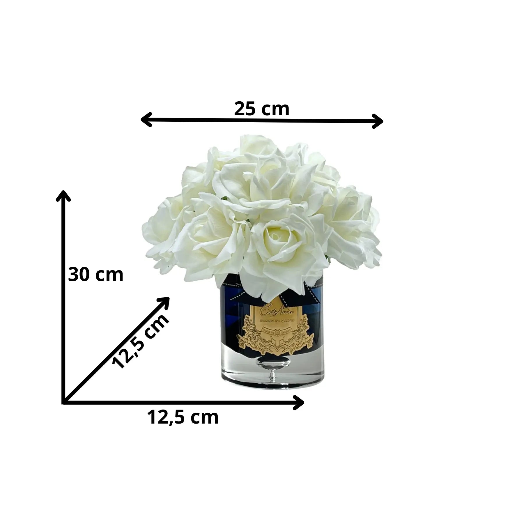 Duftblumen in schneeweiß mit goldenem Etikett in Glasvase, Maße deutlich markiert – Duftblumen Shop Highlight