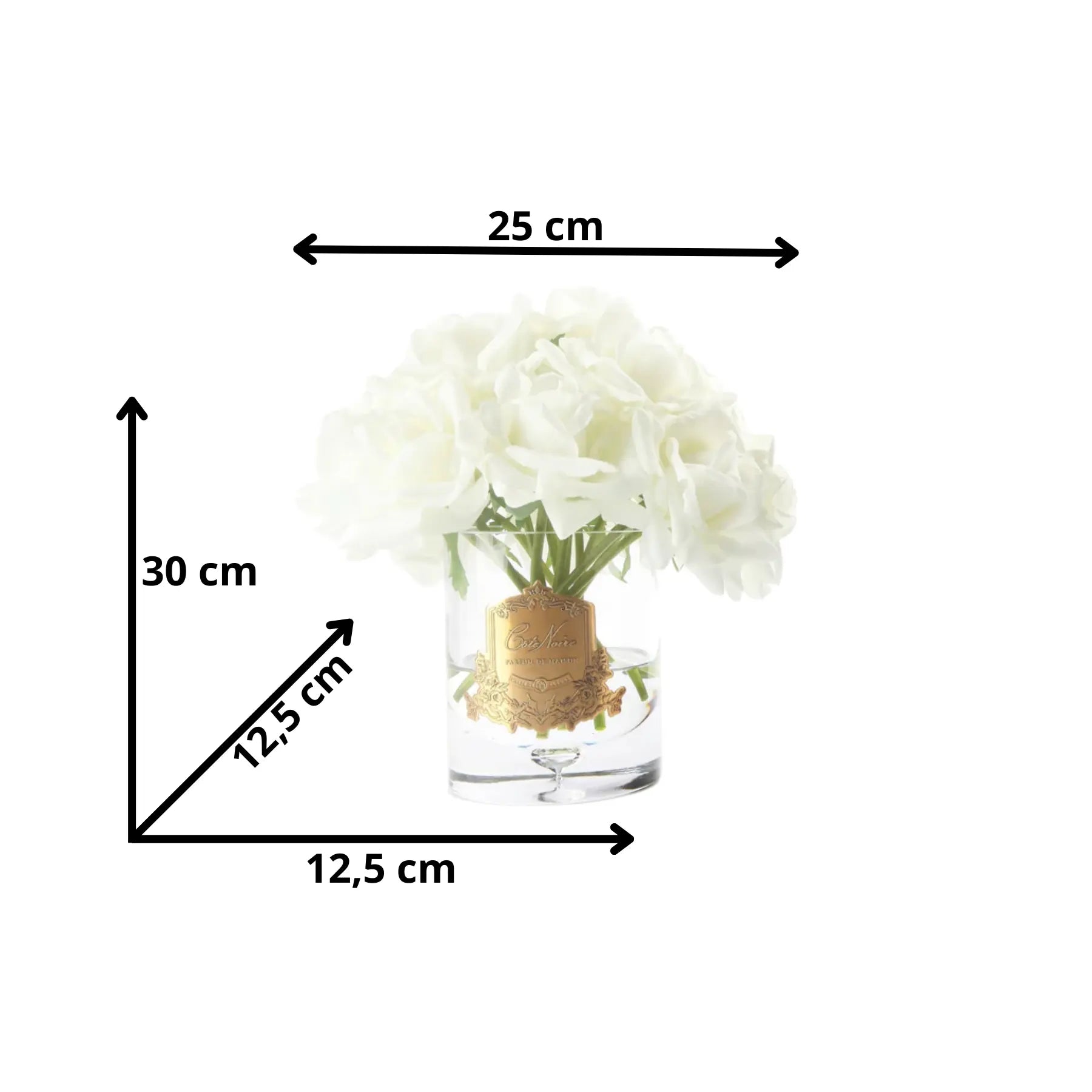 Künstliche Duftrosen in strahlendem Weiß in Glasvase mit goldener Verzierung – Duftblumen Dekoration mit Größenangabe