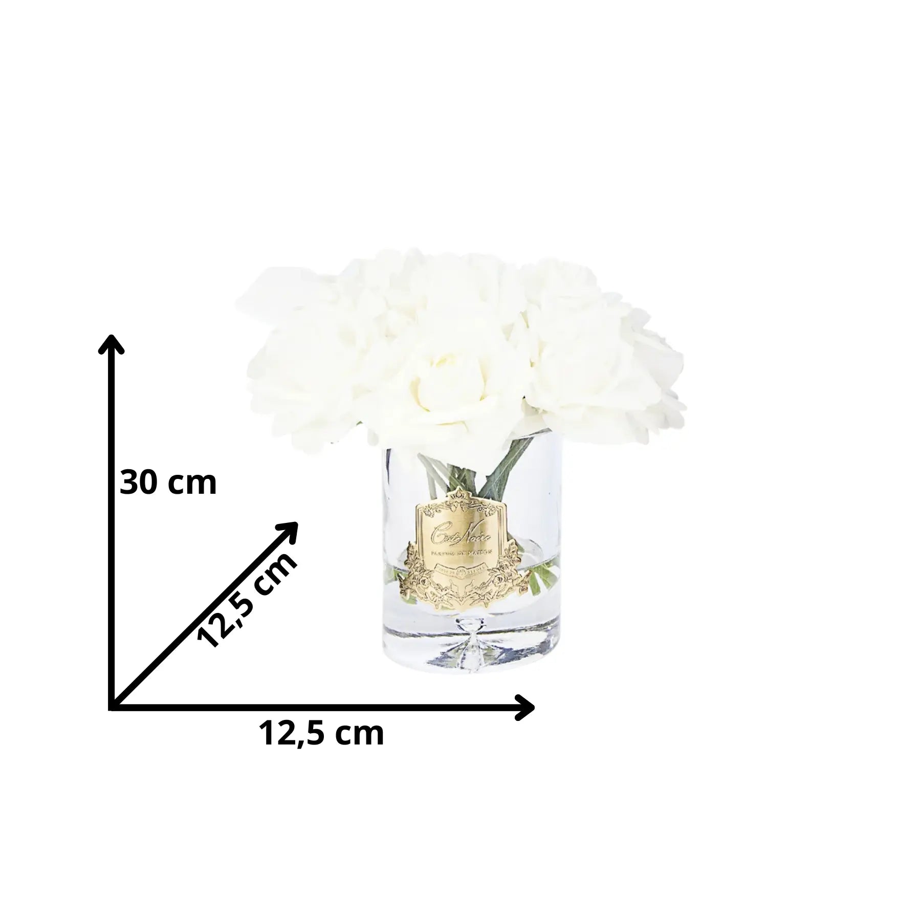 Duftblumen in strahlendem weiss in Glasvase mit goldener Etikette und Maßangaben – künstliche Duftblumen Dekoration