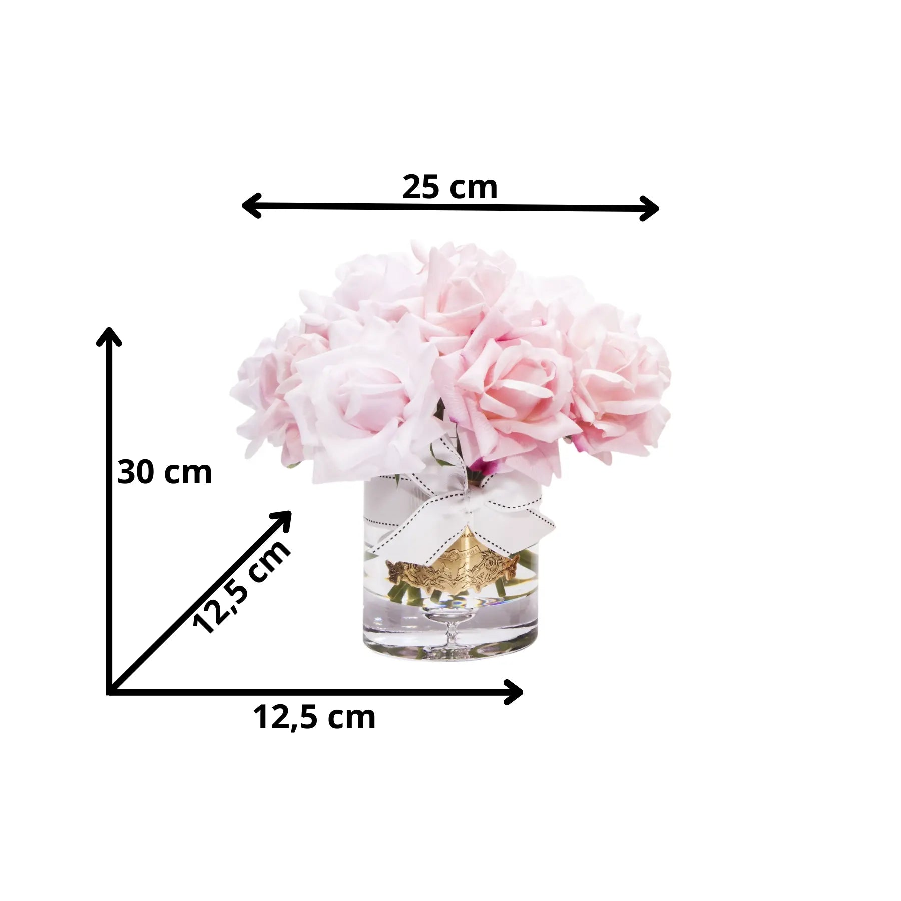 Duftblumen in kräftigem Korallenrosa mit Glasvase und silbernem Emblem, illustriert mit Größenangabe – künstliche Duftrosen online kaufen