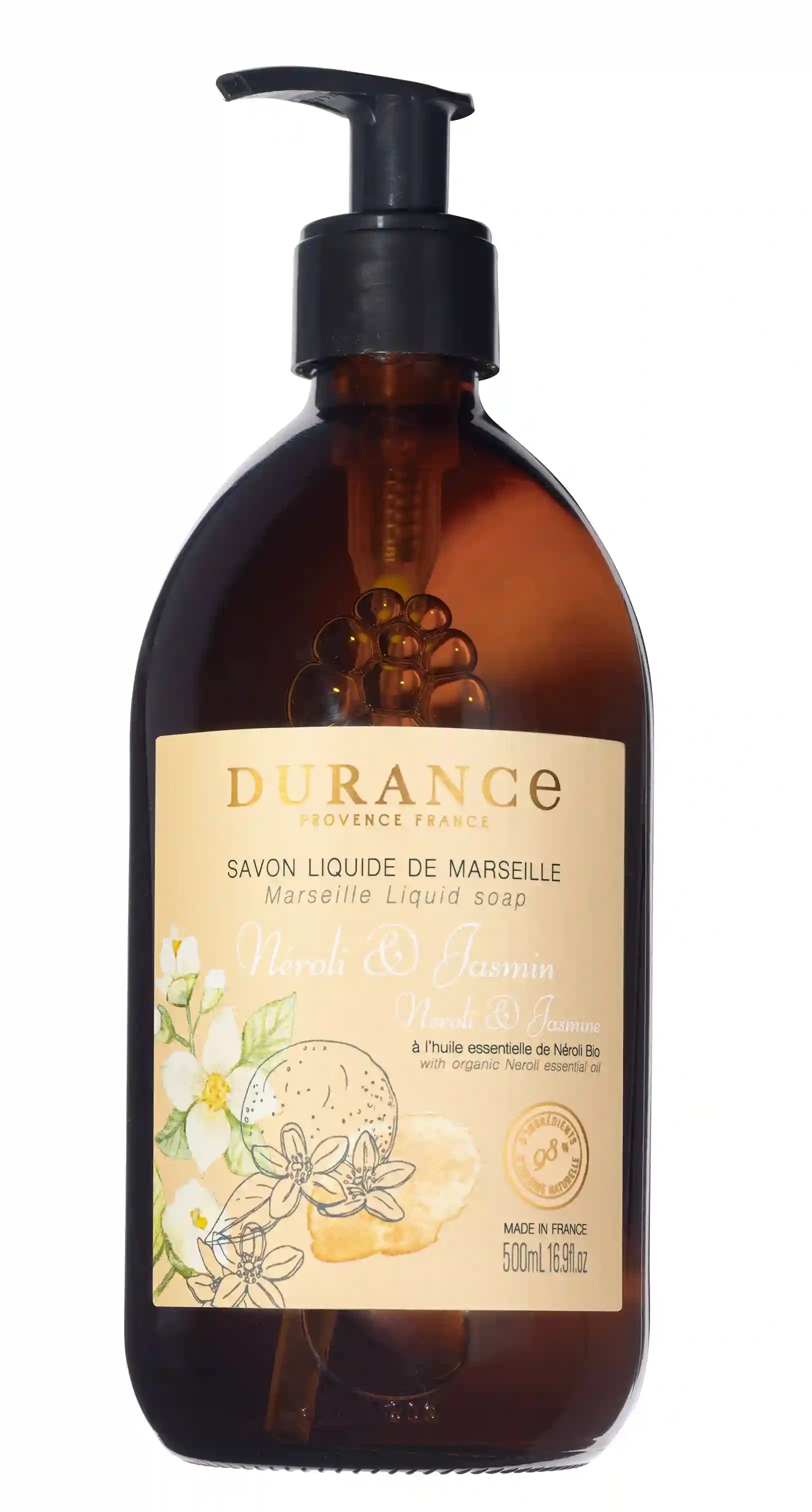 Flüssige Marseille-Seife mit Neroli- und Jasmin-Duft, Durance, 500 ml, mit Bio-Neroliöl, Made in France.