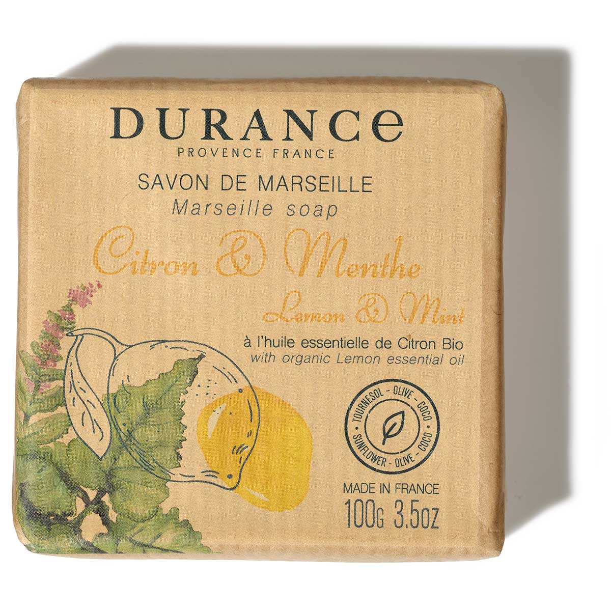 Durance Naturseife Zitrone & Minze, 100 g, biologisch abbaubar, mit erfrischendem Duft, inspiriert von der Provence.