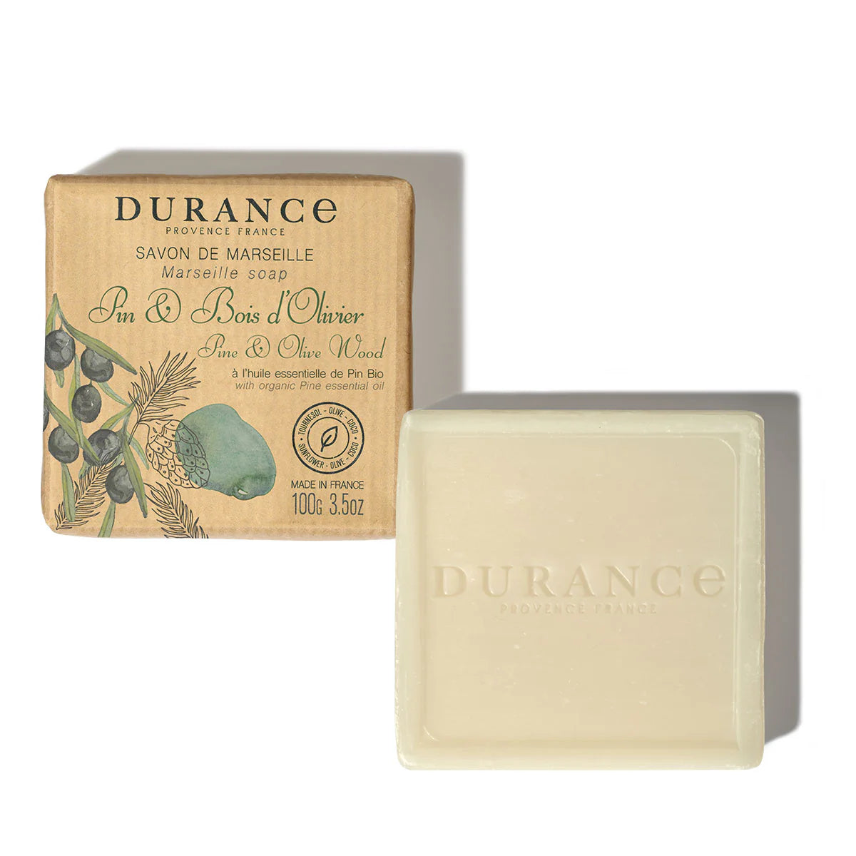 Durance Marseille-Seife mit Kiefer- und Olivenholzduft, 100 g, mit Bio-Pinienöl, luxuriöse Naturpflege aus Frankreich.