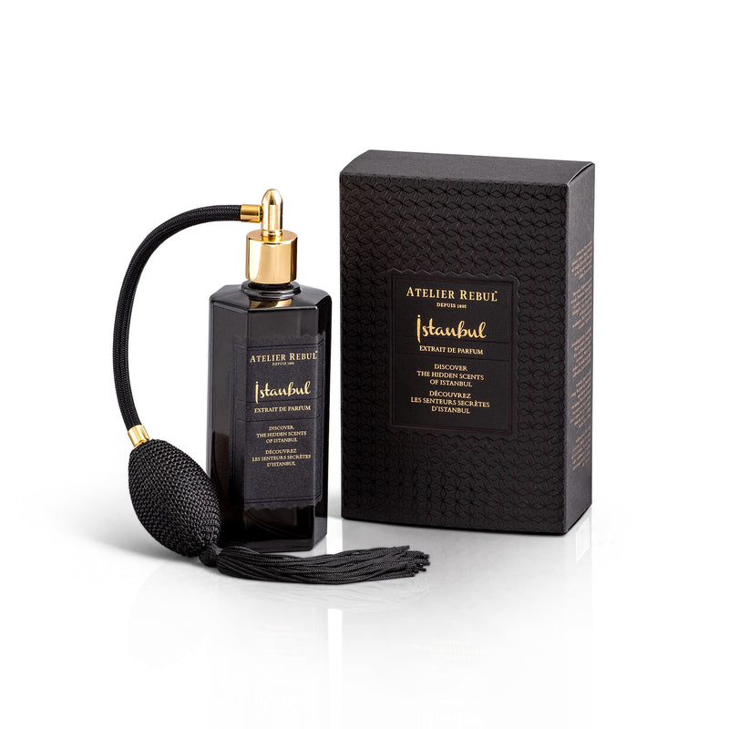 luxurioese verpackung und elegante duftflasche mit bauchpumpe, schwarz und gold.