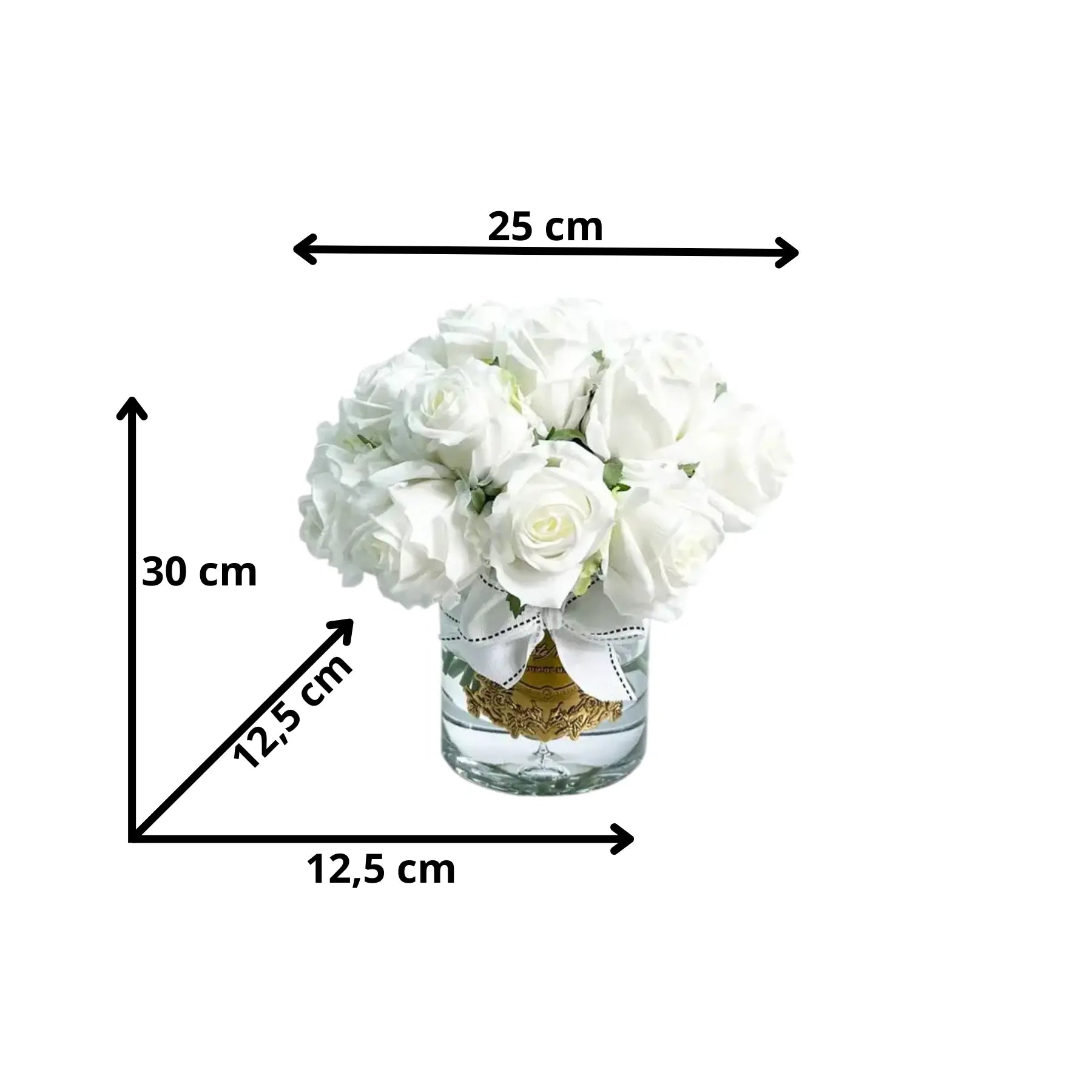 Künstliches Rosenbouquet in Weiß mit Maßangaben – 30 cm hoch, 25 cm breit, im eleganten Glas mit Schleife und Goldetikett
