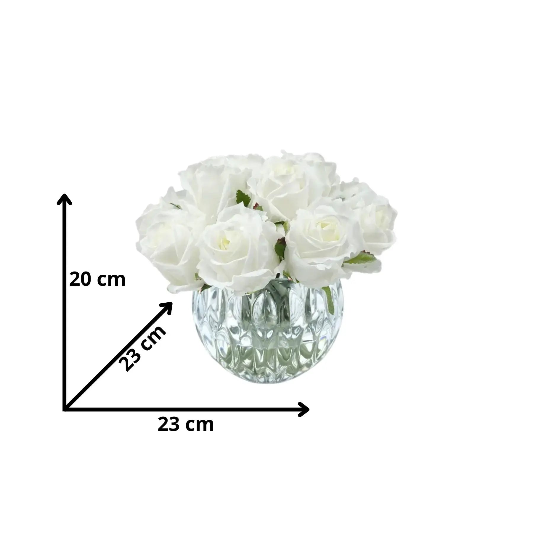 Weiße Rosen in runder Glasvase mit Maßangaben: 23 cm Durchmesser, 20 cm Höhe – stilvolle künstliche Duftblume für Zuhause oder als Geschenk