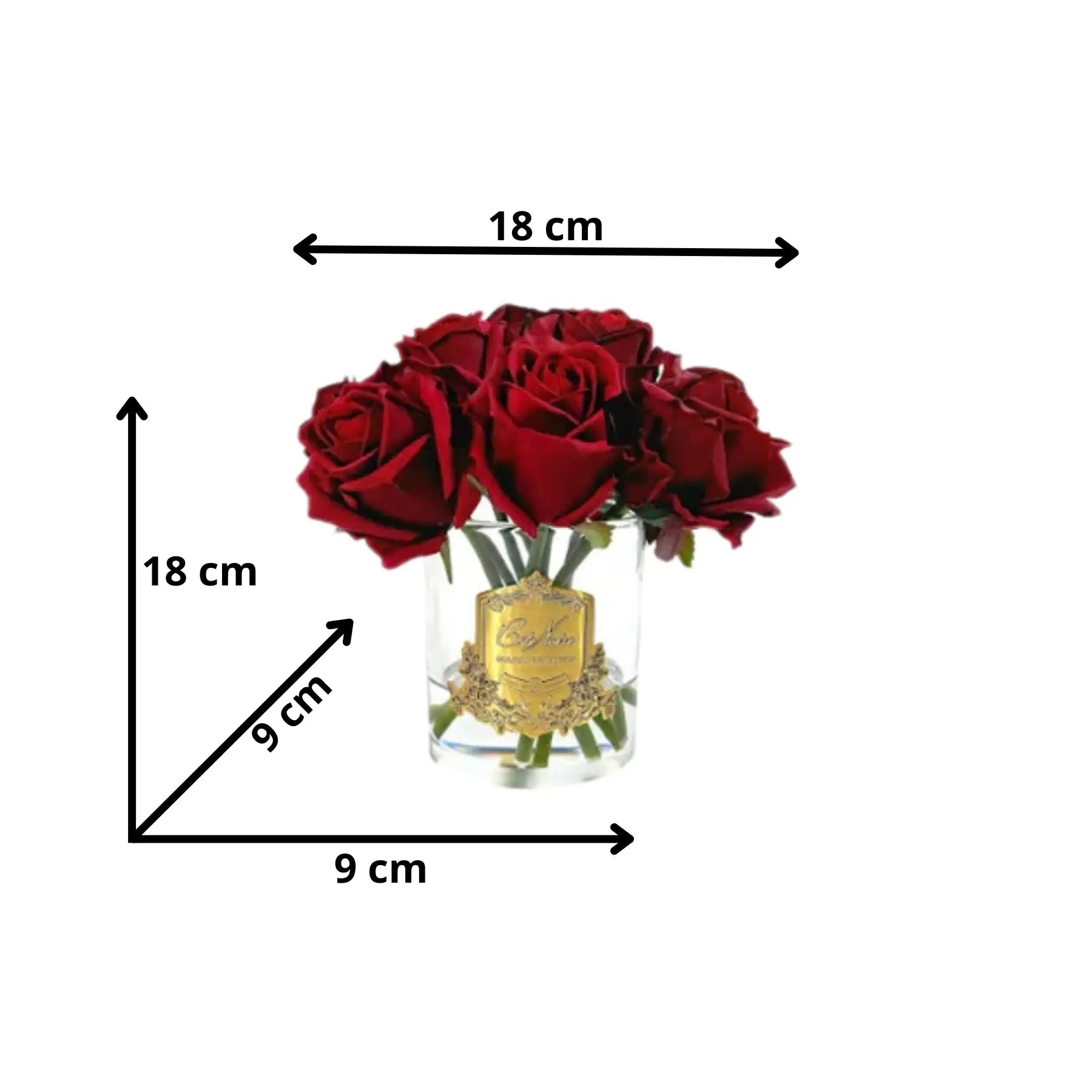 Künstliche Duftblume mit dunkelroten Rosen im Glas – elegante Wohnraumdekoration mit 18 cm Höhe und 9 cm Durchmesser