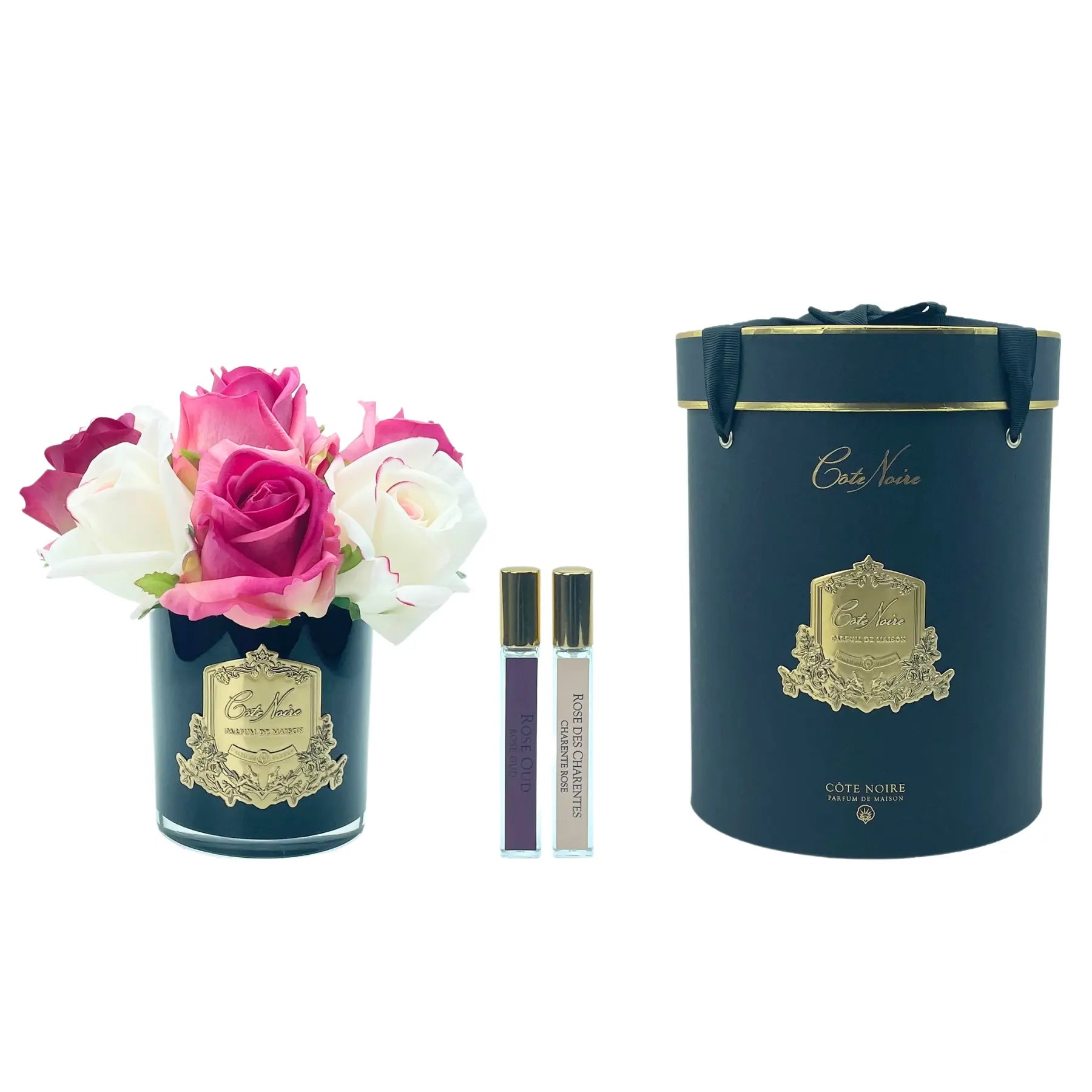 Edle Duftblumen im schwarzen Glas mit goldener Verzierung – ein exklusives Geschenk für Duftblumenliebhaber, ideal für Wohnzimmer oder Büro.