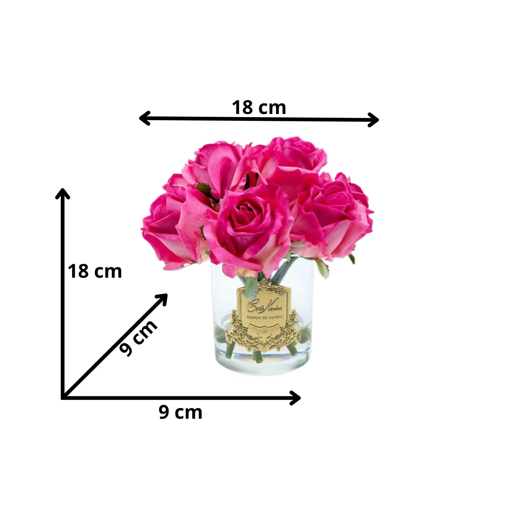 Maßangaben für künstliche Duftblume mit magentafarbenen Rosen im runden Glas – stilvolle Dekoration mit 18 cm Höhe und Breite