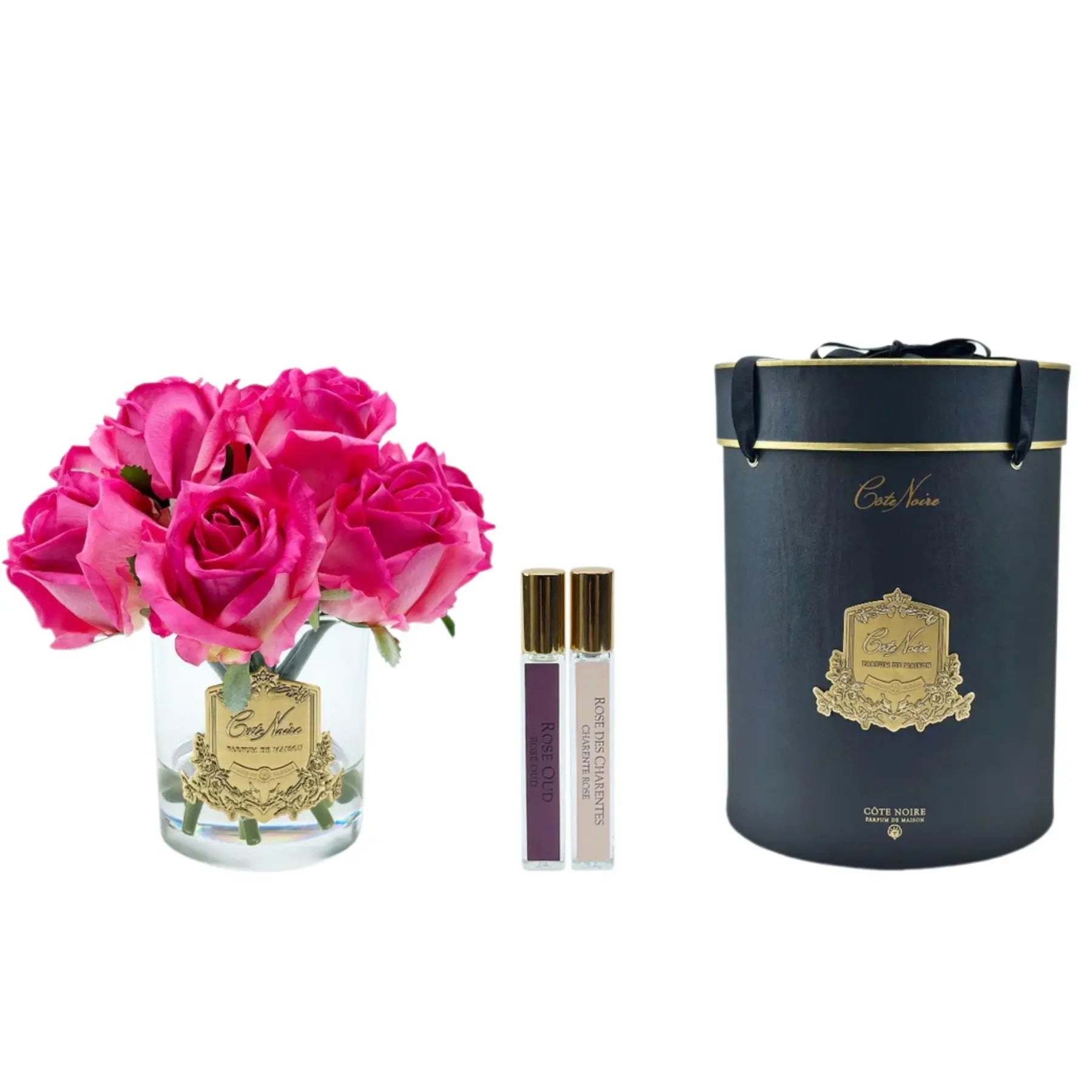 Künstliche Duftblume mit magentafarbenen Rosen im Glas, inklusive Geschenkbox und zwei Parfum-Sprays – ideales Duftblumen Geschenkset