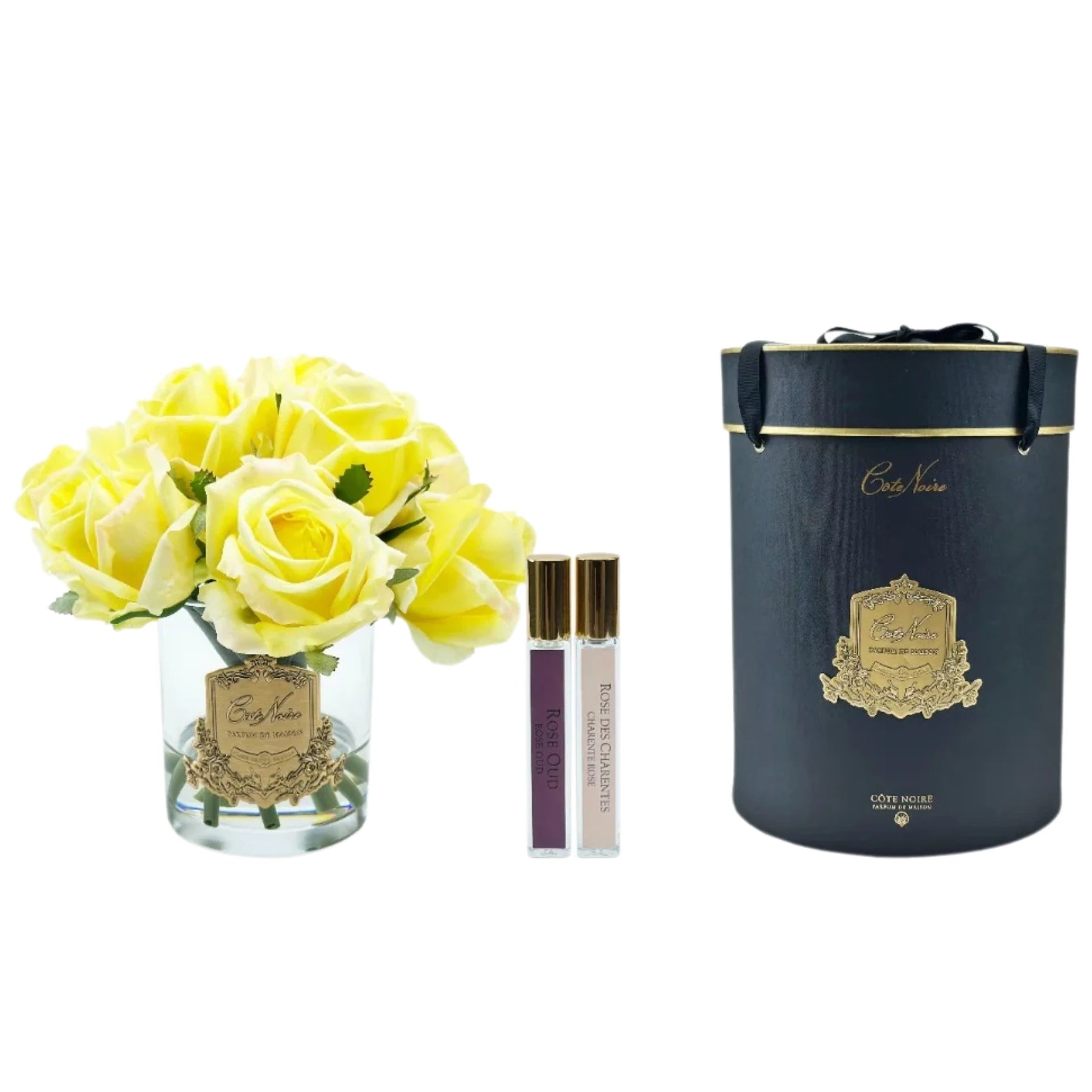 Luxuriöse Duftblume mit gelben Rosen im Glas – ideal als Duftblumen Geschenk oder elegante Duftblumen Dekoration für Wohnzimmer und Eingangsbereich.