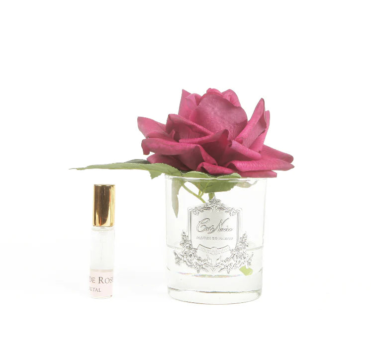 Single Rose Duftblume in intensivem Carmine Red – luxuriöse künstliche Blume mit Rosenduft in stilvollem Glas