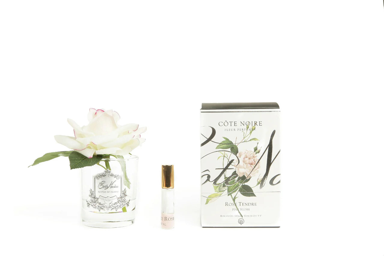 Künstliche Duftblume Single Rose in Pink Blush mit Glasvase, Parfumflakon und Geschenkverpackung – perfekte Duftblume für Zuhause oder als Geschenk